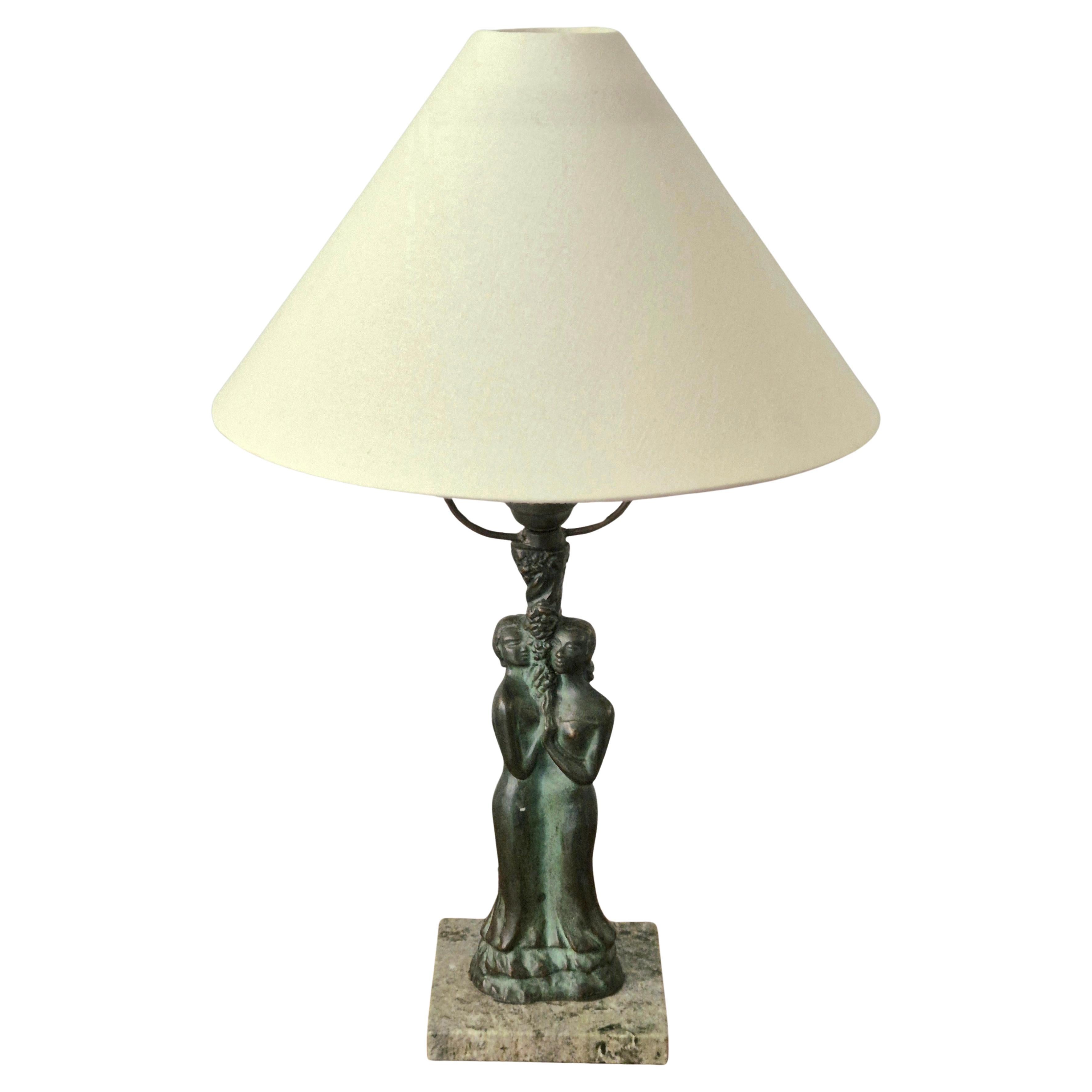 Lampe de table en bronze avec base en marbre vert, Scandinavian Greene & Greene 1920/30s en vente