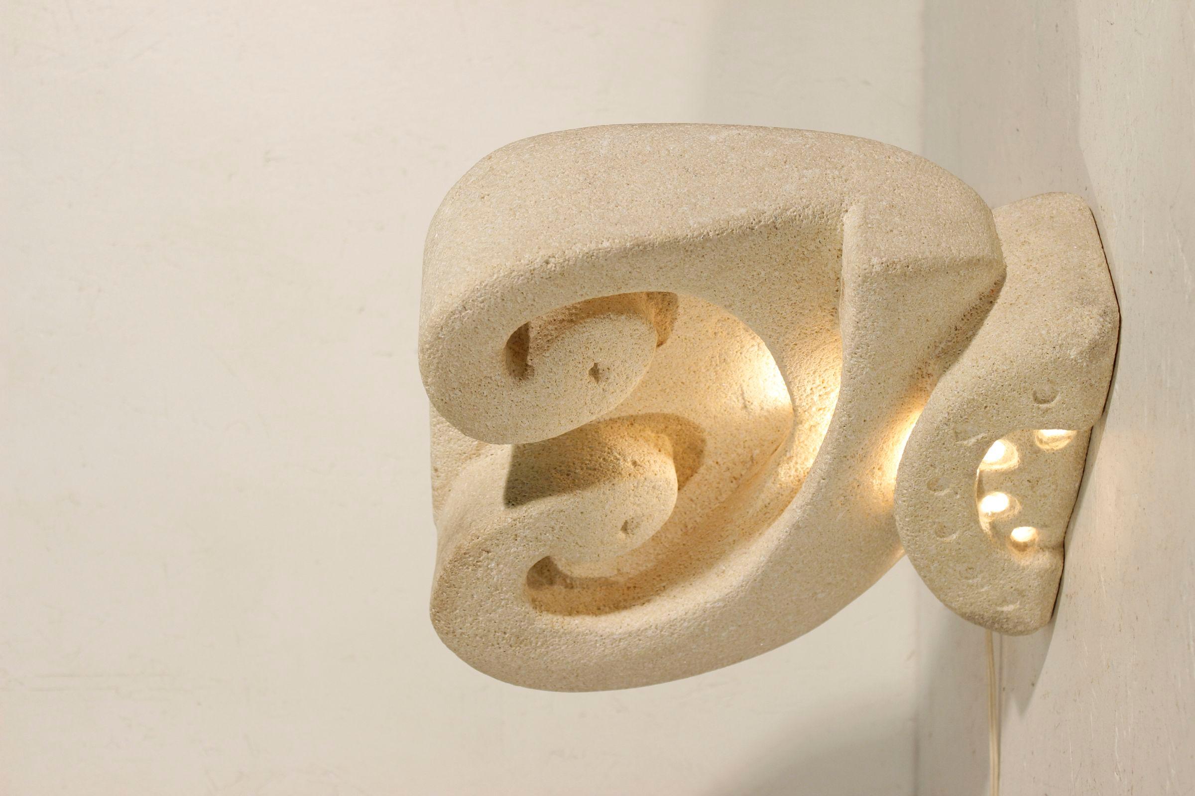 French Table lamp in carved stone by Albert Tormos, St Tropez France 1970s For Sale