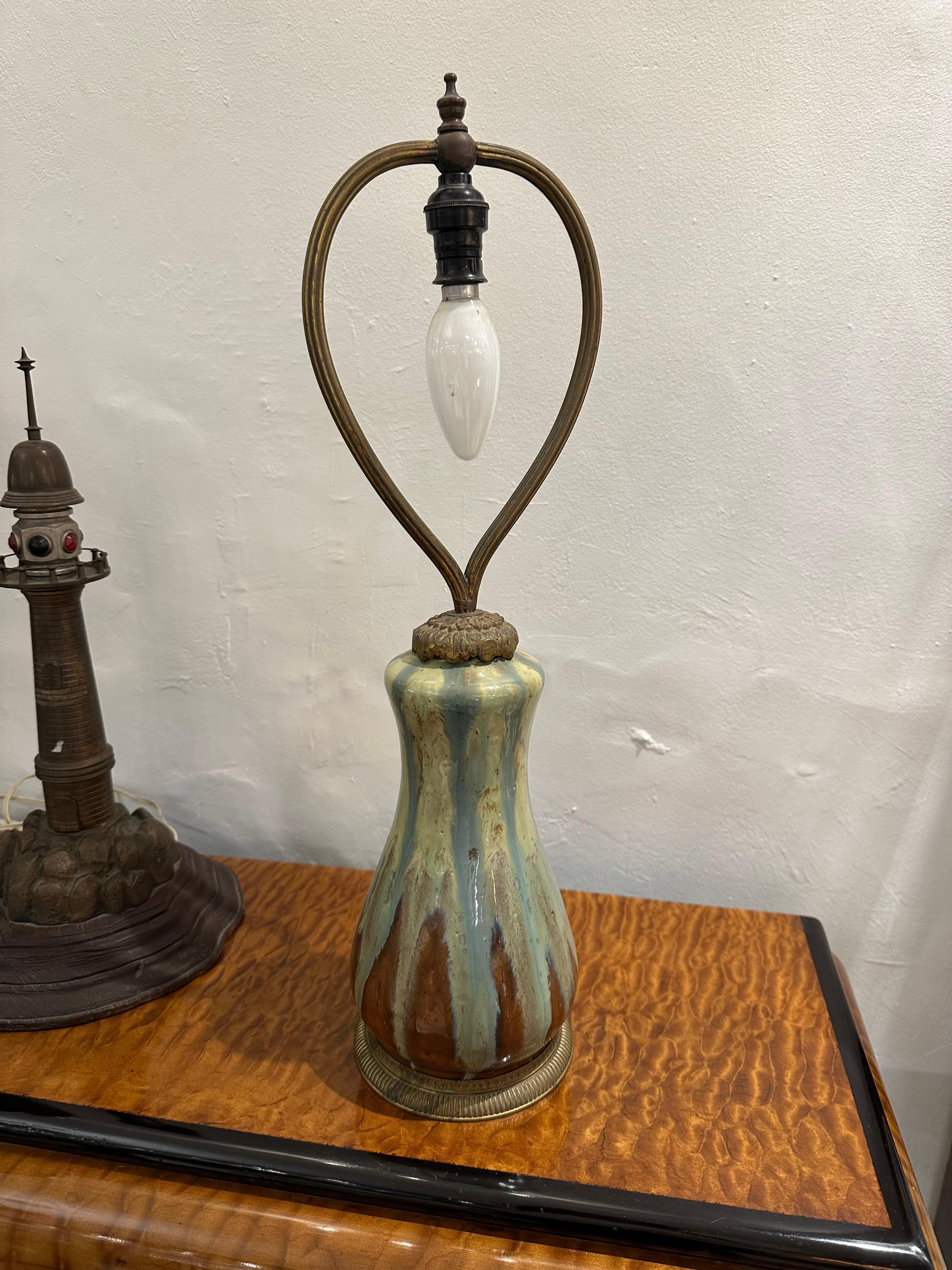 French Table Lamp in Ceramic and bronze, Sign: Elchinger Fils Soufflenheim Alsace For Sale
