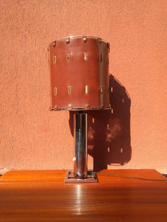 Table Lamp in Chromed Steel with Lampshade in Brown Leather, from 1970, Italy