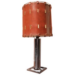 Retro Table Lamp in Chromed Steel with Lampshade in Brown Leather, from 1970, Italy