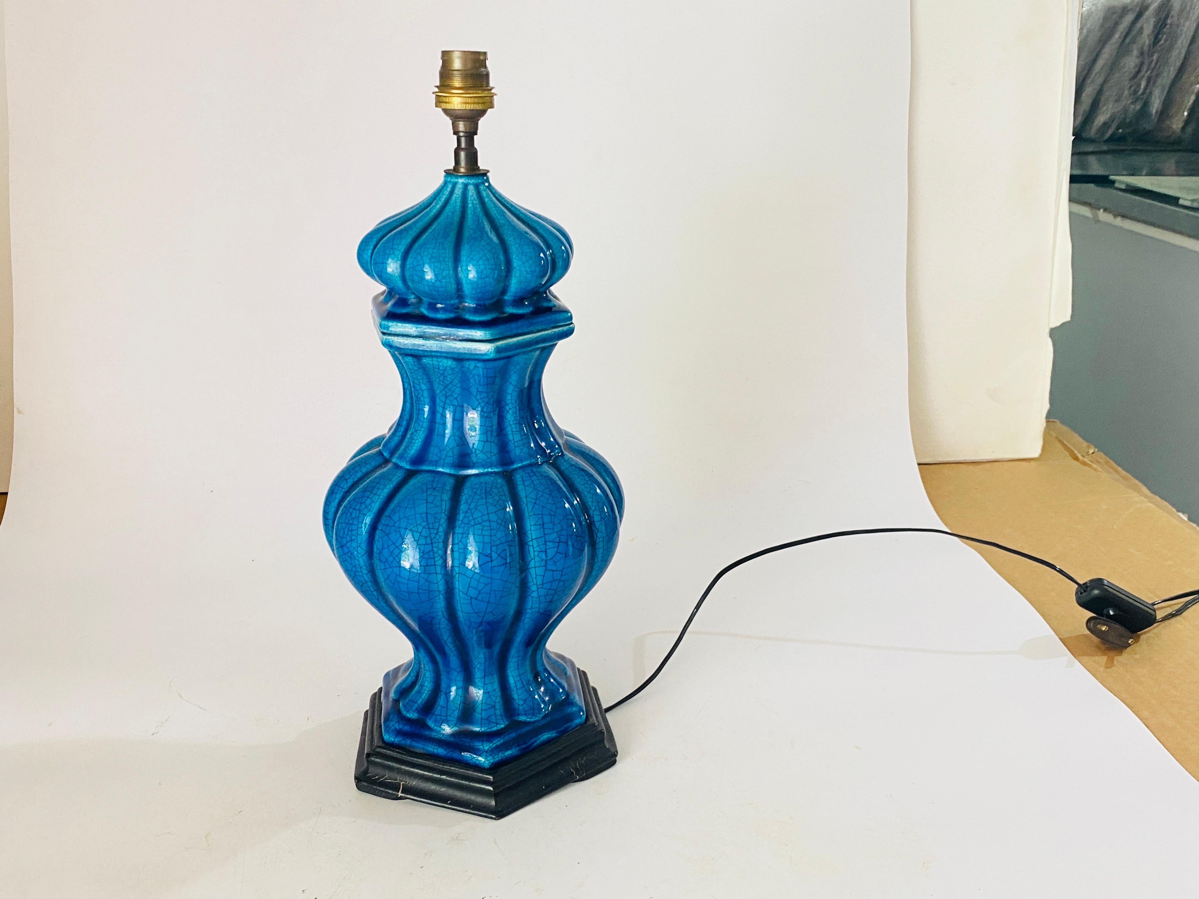 French Table Lamp in Crakled Enemeled Blue Ceramic, France, 1970 For Sale