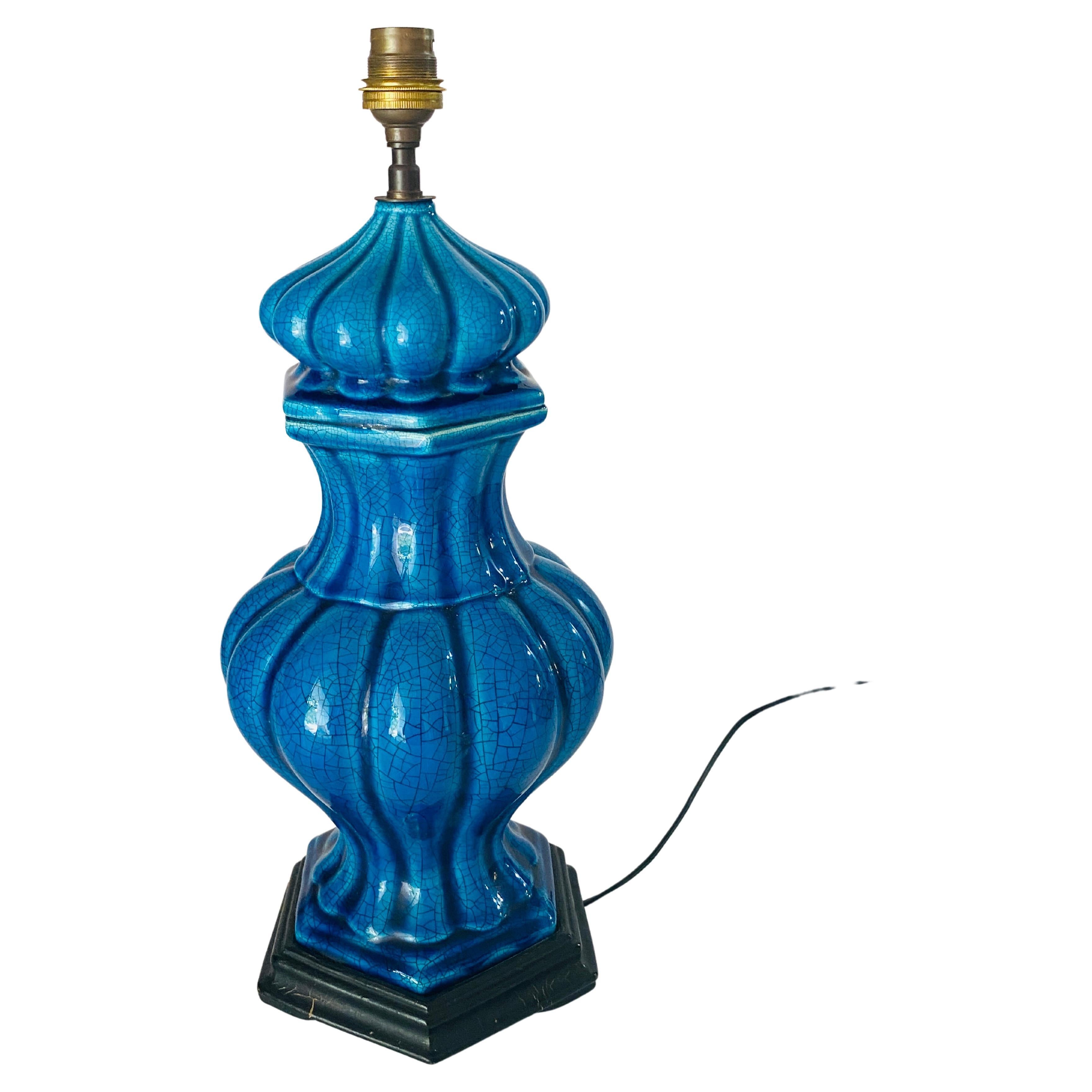 Mid-Century Modern Table Lamp in Crakled Enemeled Blue Ceramic, France, 1970 For Sale