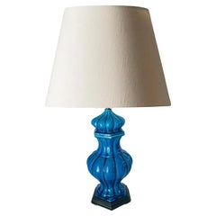 Vintage Table Lamp in Crakled Enemeled Blue Ceramic, France, 1970