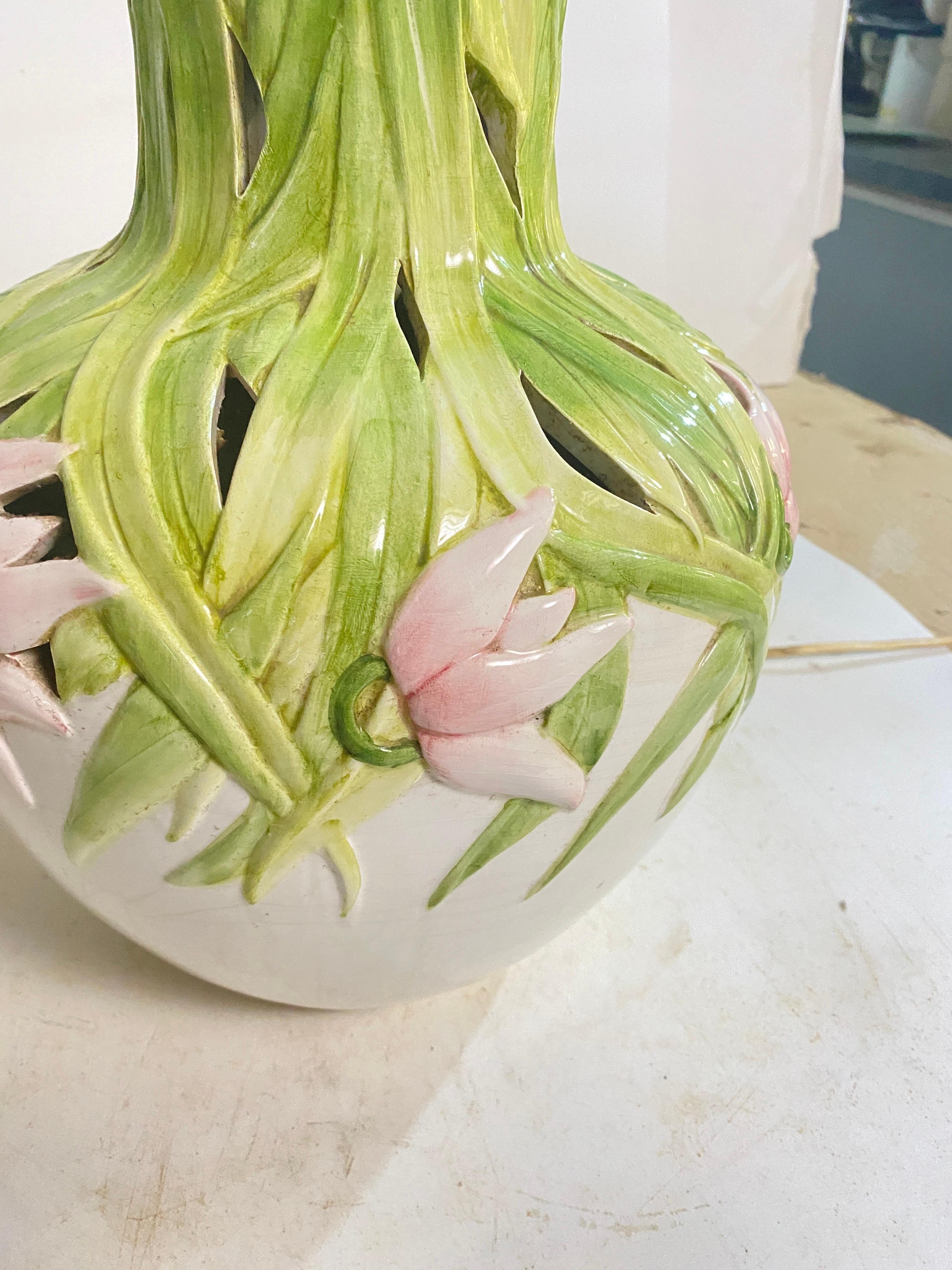 Table Lamp in Crakled Enemeled Ceramic Green Pink and White colors, France, 1970 For Sale 5