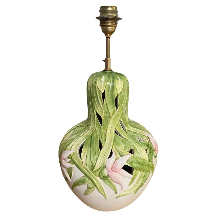 French Table Lamp in Crakled Enemeled Ceramic Green Pink and White colors, France, 1970 For Sale