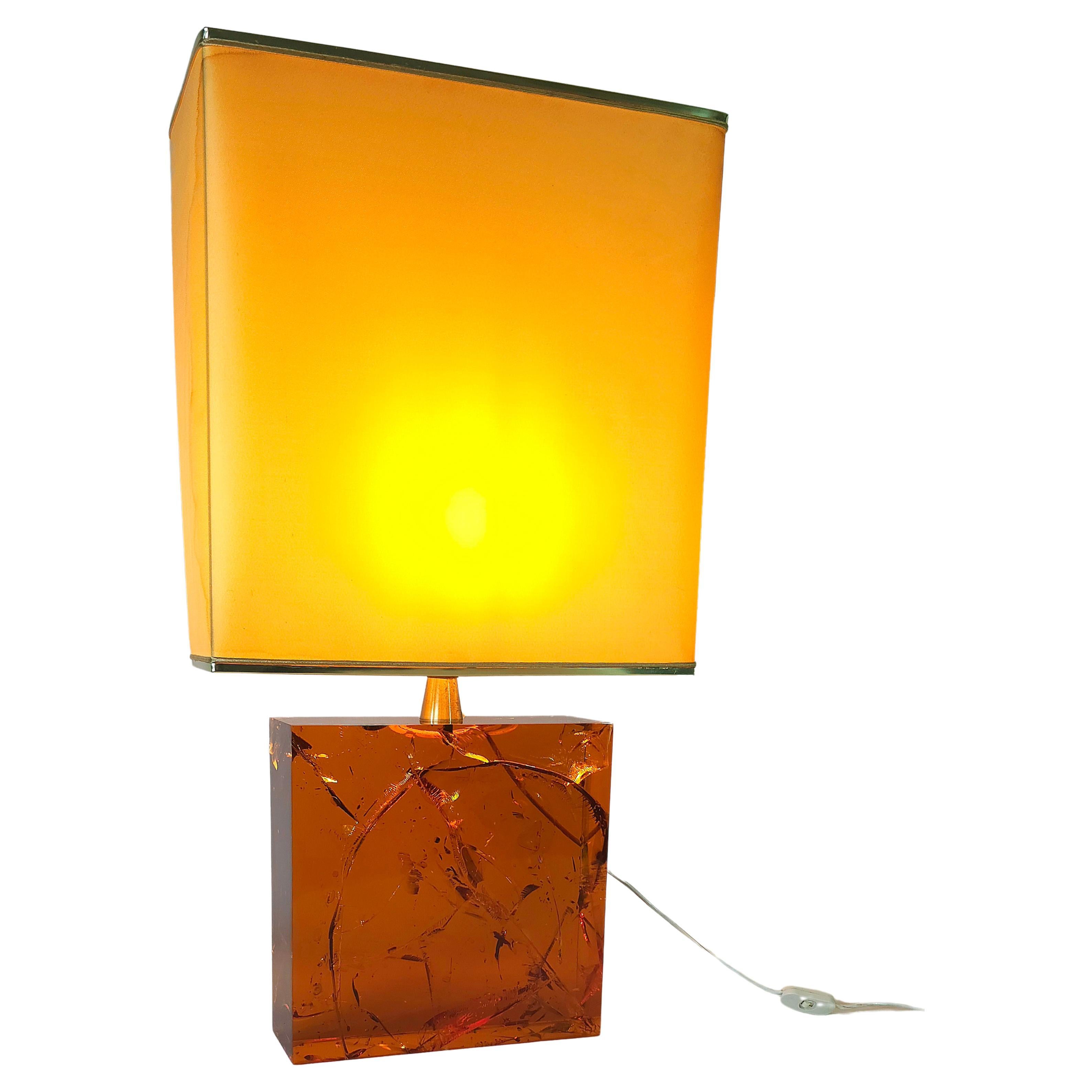 Table Lamp in Fractal Resin Amber by Pierre Giraudon  Midcentury France 70s For Sale