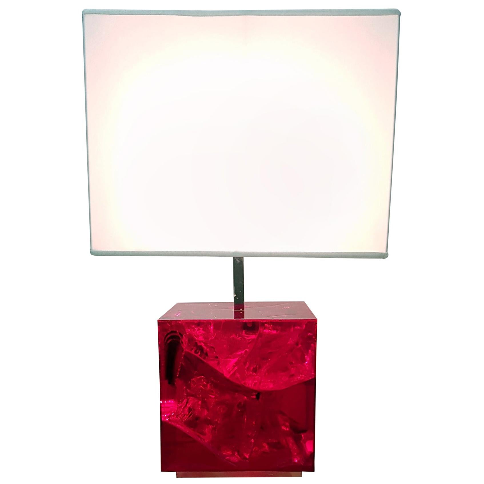 A fractal resin lamp by Pierre Giraudon, France, with a ruby red colored base and also with a new square handmade lampshade. In excellent condition without chipping or cracks.