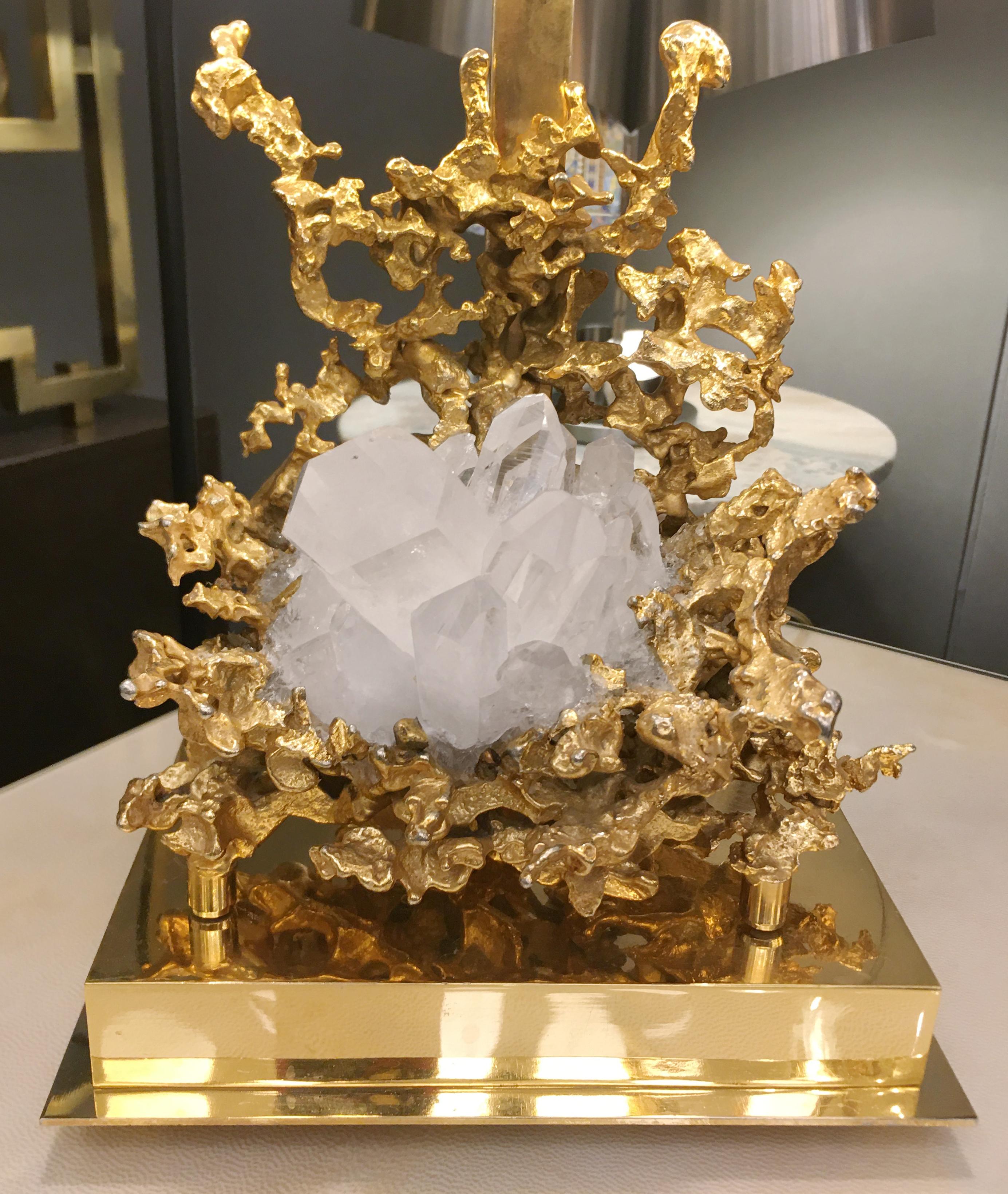 Hollywood Regency Table Lamp in Gilded Bronze and Rock Crystal, Claude-Victor Boeltz Paris