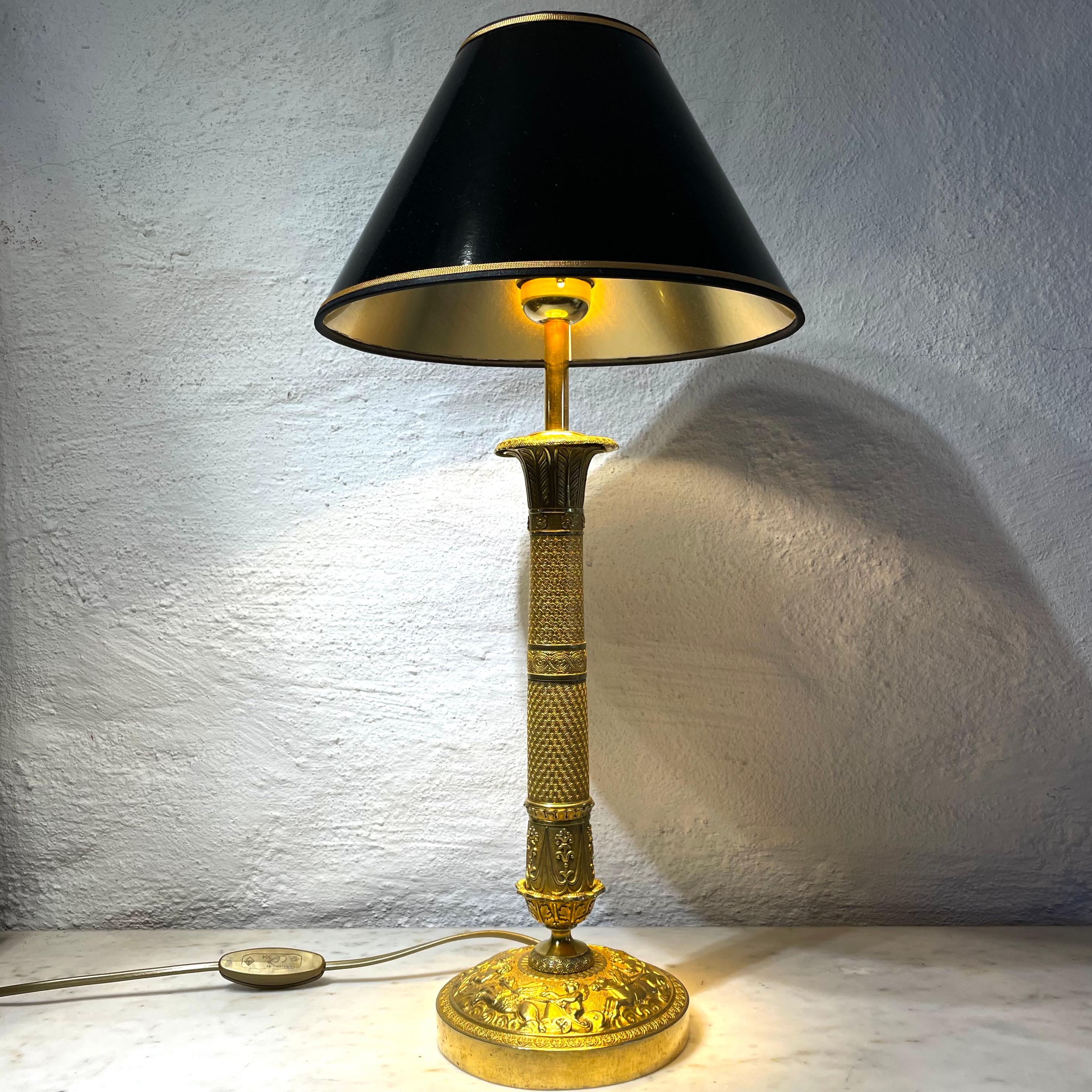 French Table Lamp in Gilded Bronze, Originally an Empire Candlestick from the 1820s