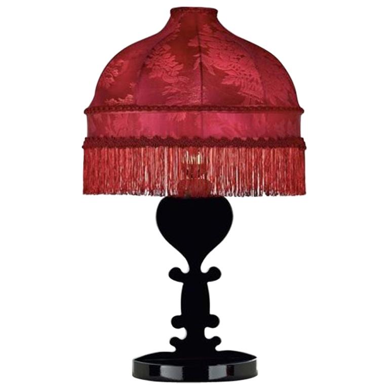 Table Lamp in Glossy Black Lacquered Solidwood Lampshade in Silk Velvet For Sale