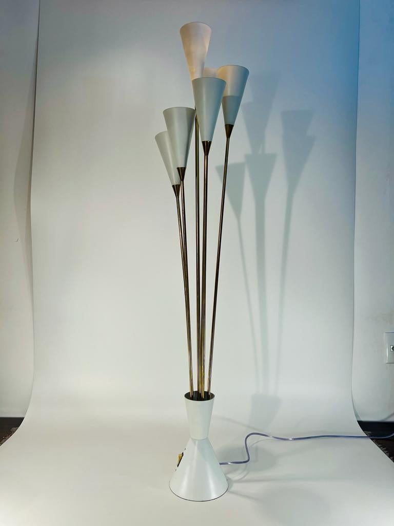 Incredible and tall table or floor lamp in gold metal and white for six lights circa 1960. By OCA circa 1960.