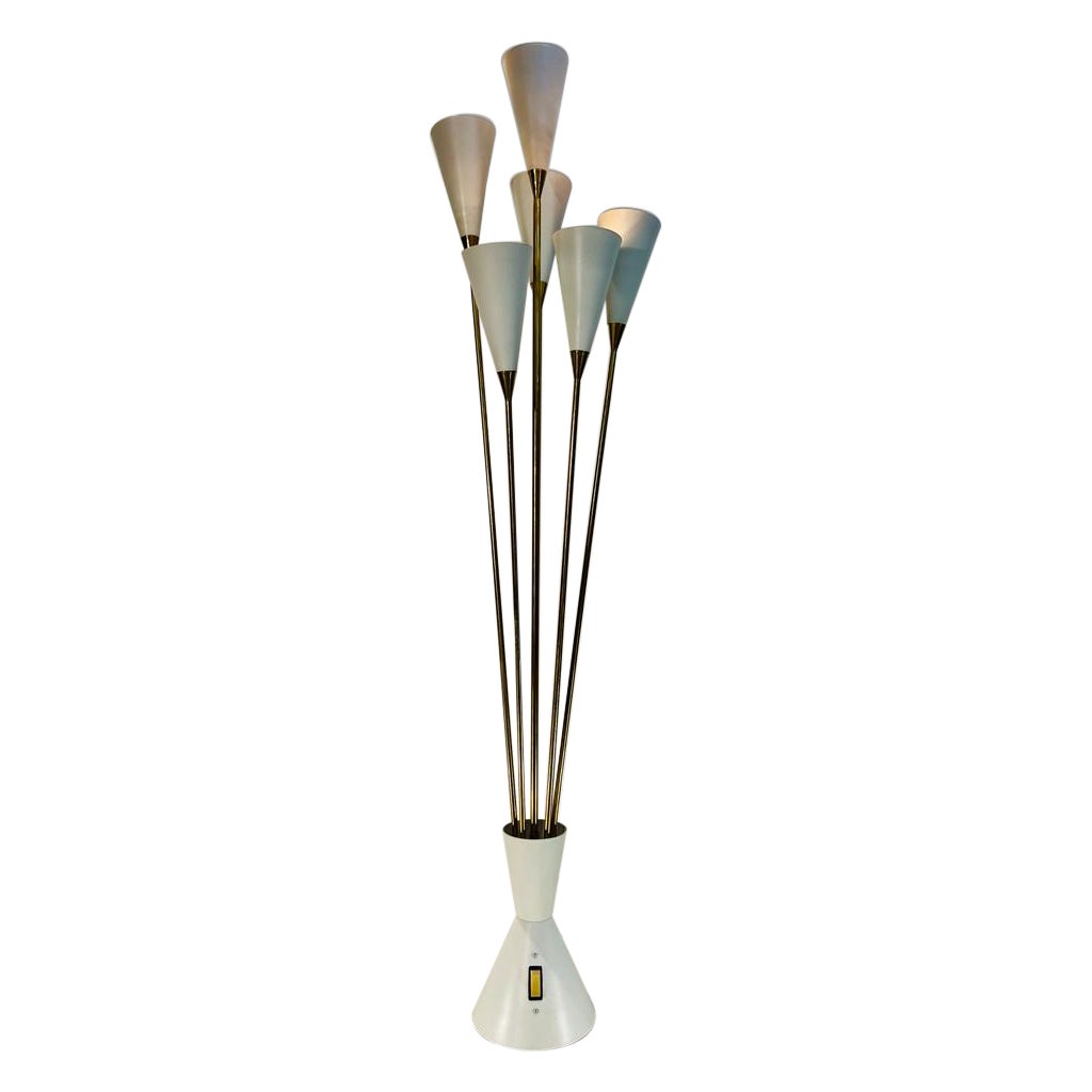Lampada da tavolo in metallo dorato e bianco a sei luci di OCA circa 1960.