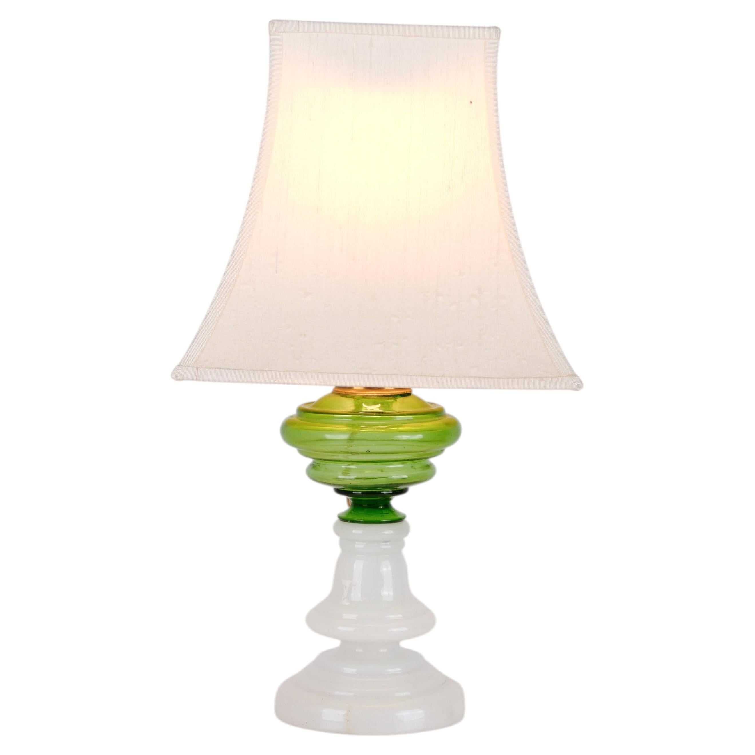 Table Lamp in Green and White Opaline Glass with Brass Details from the 1880s For Sale