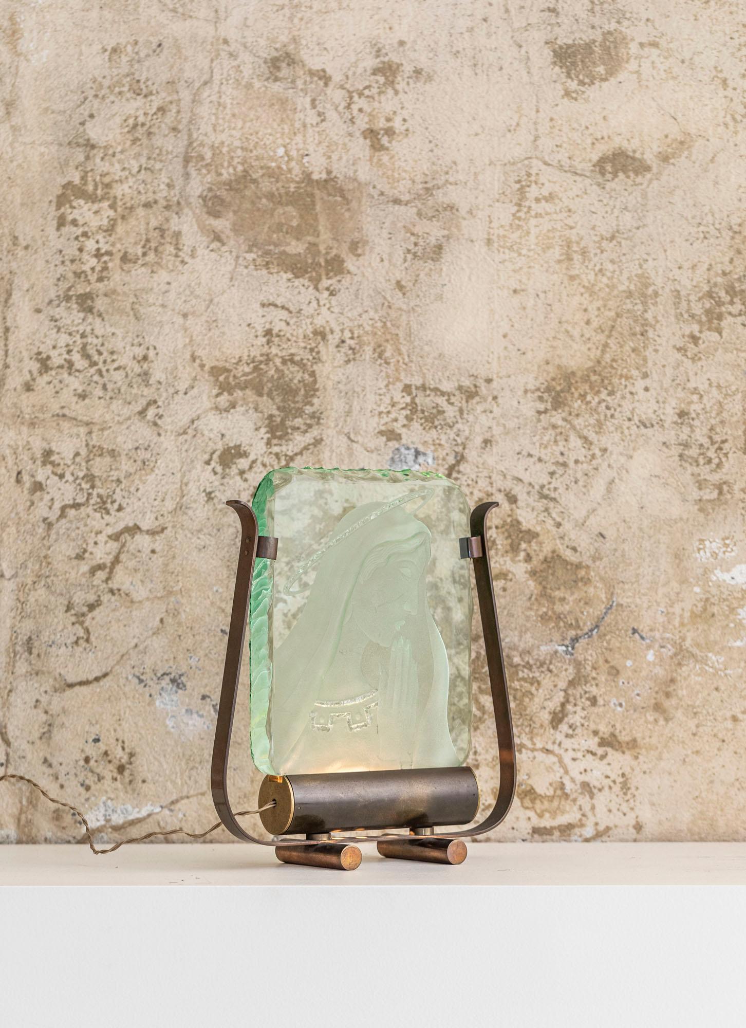 Brass Table Lamp in Green Crystal Glass by Pietro Chiesa, Italy, 1940 ca. For Sale