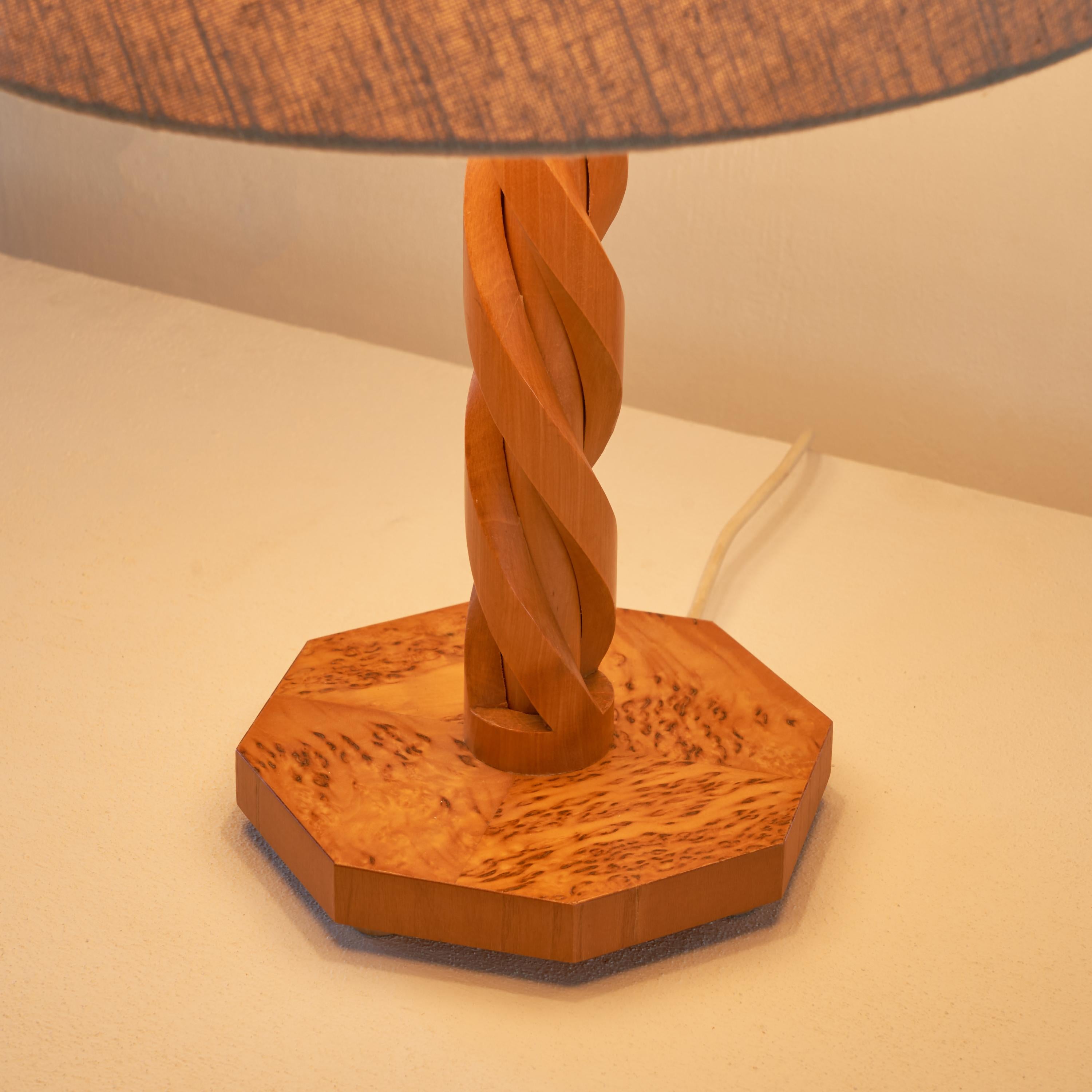 Hand-Carved Table Lamp in Hand Carved Wood and Burl Veneer   For Sale