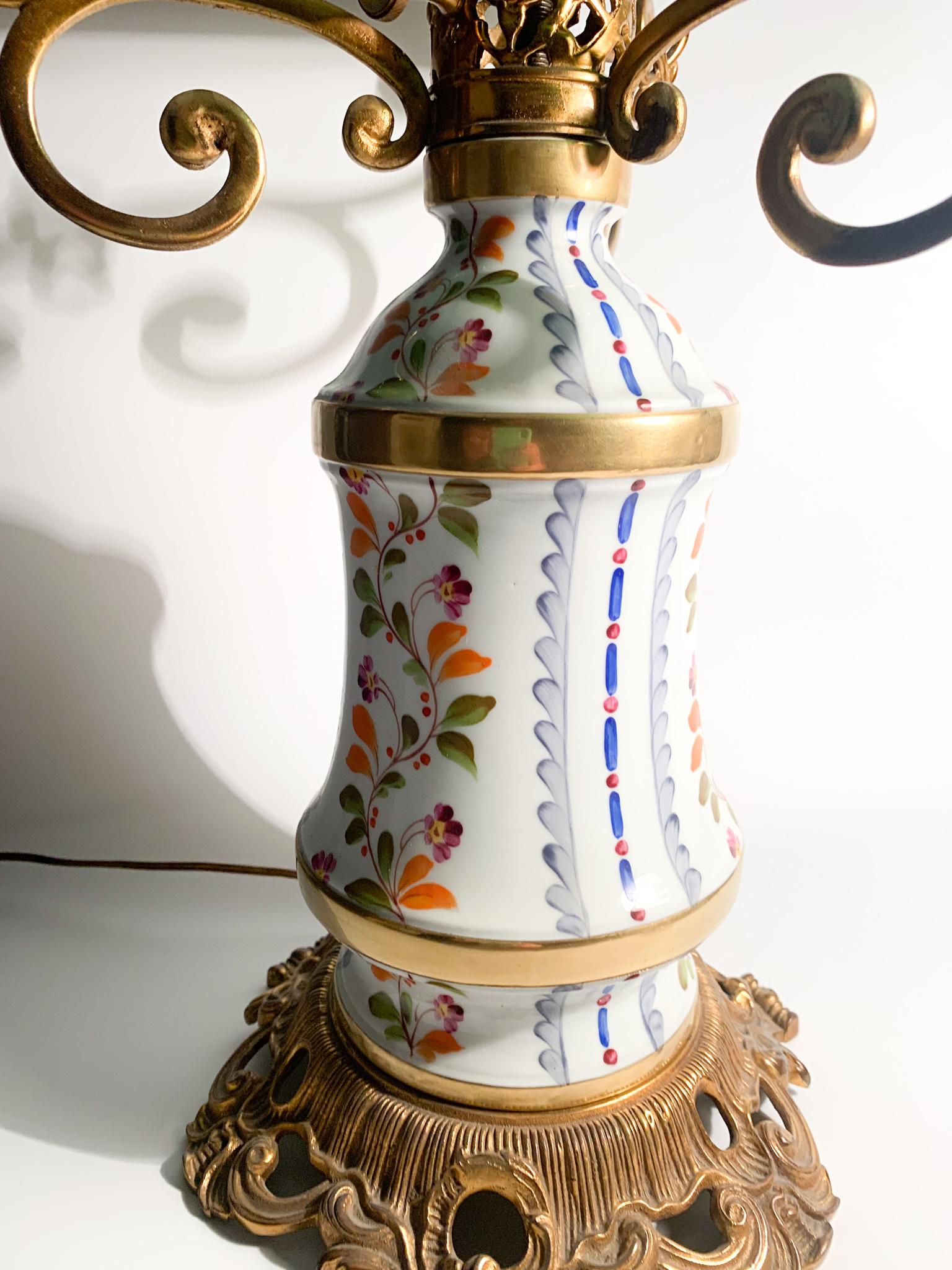Empire Table Lamp in Hand Painted Sevres Porcelain and Glass Lampshade from the 1940s For Sale