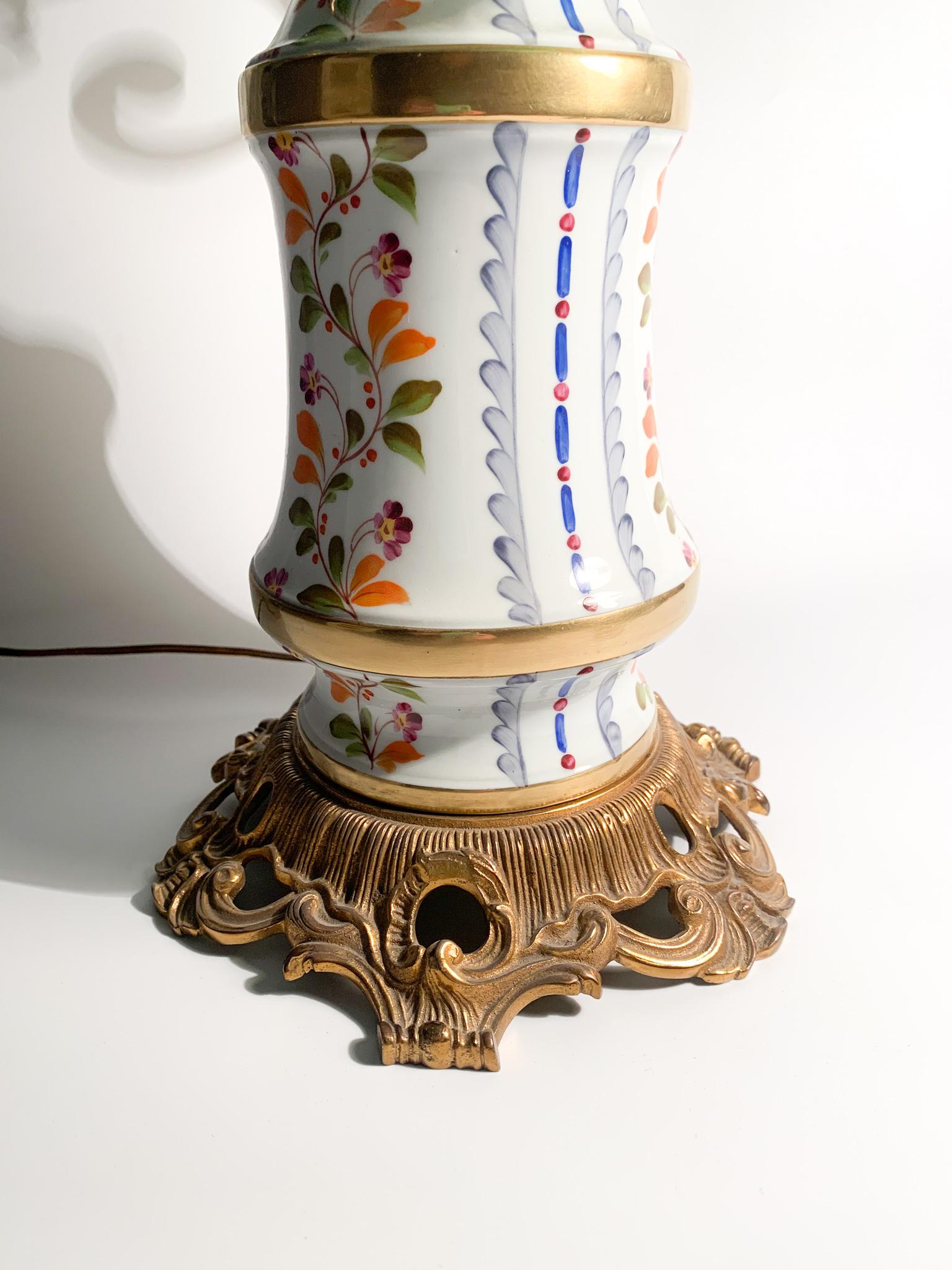French Table Lamp in Hand Painted Sevres Porcelain and Glass Lampshade from the 1940s For Sale