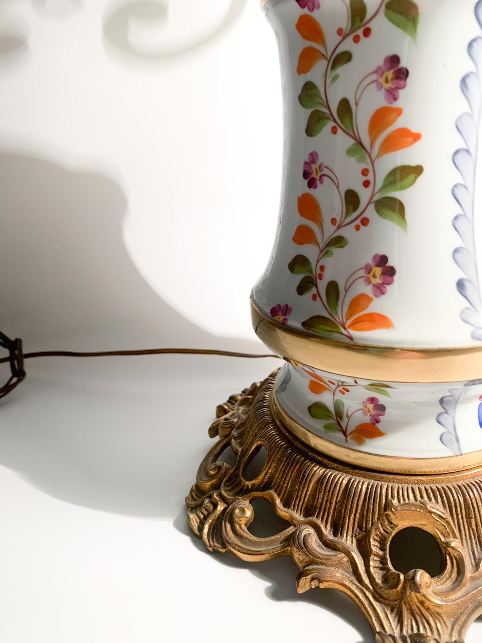 Mid-20th Century Table Lamp in Hand Painted Sevres Porcelain and Glass Lampshade from the 1940s For Sale
