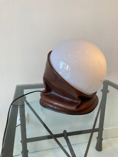 Table Lamp in Havana Leather and Slightly Bluish Opaline Glass