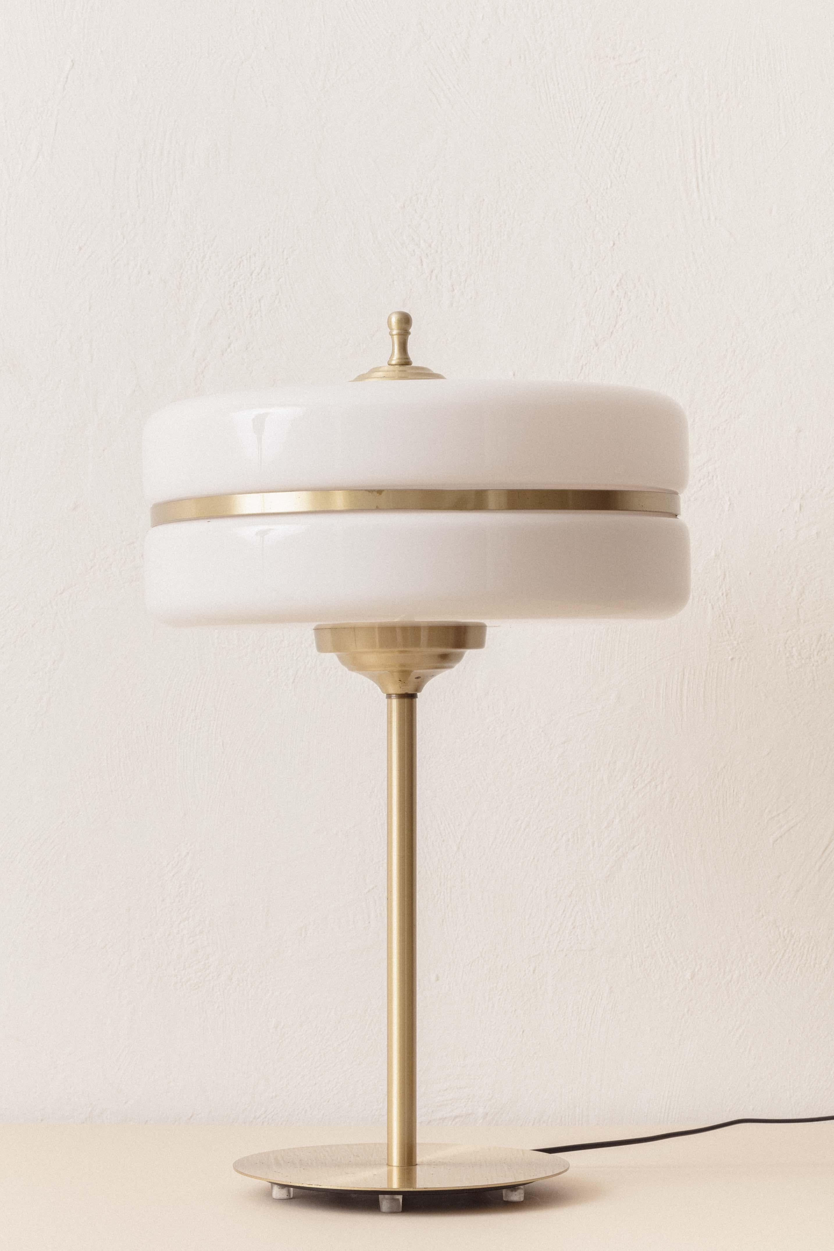 Mid-Century Modern Table Lamp in Iron, Brass and Opaline Glass, Unknown Designer, 1970, Brazil For Sale
