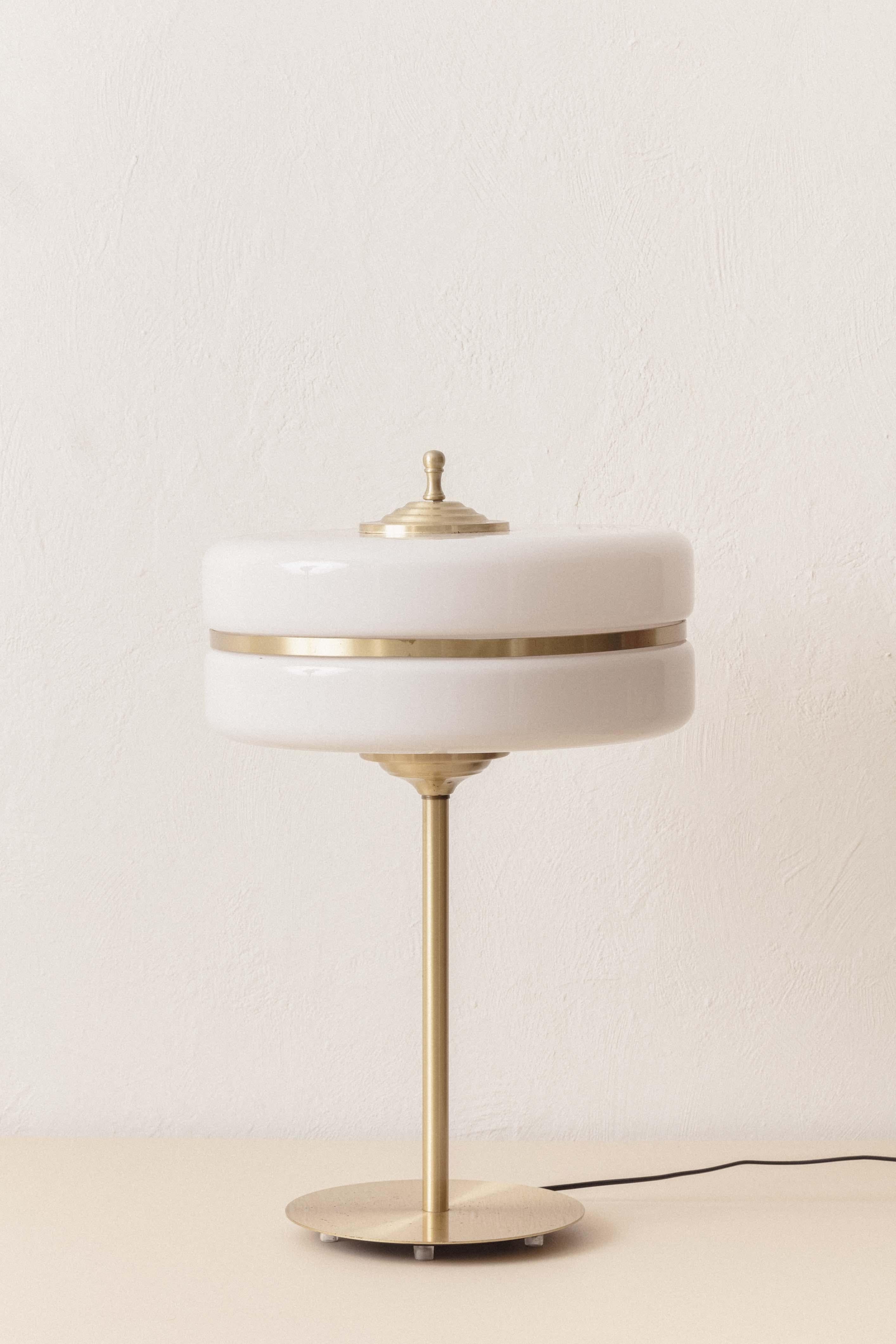 Brazilian Table Lamp in Iron, Brass and Opaline Glass, Unknown Designer, 1970, Brazil For Sale