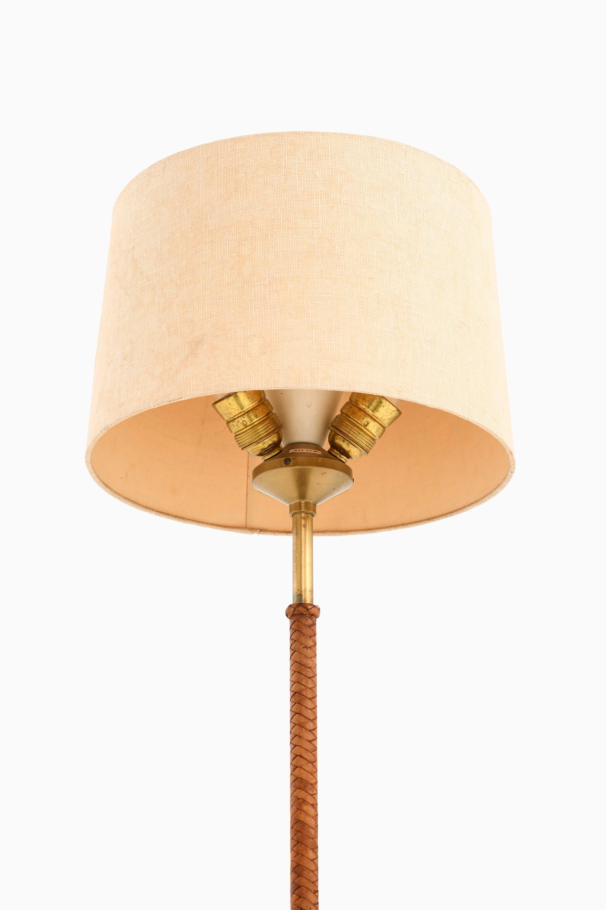 Scandinavian Modern Table Lamp in Leather, Brass and Original Lamp Shade by Bertil Brisborg, 1950's