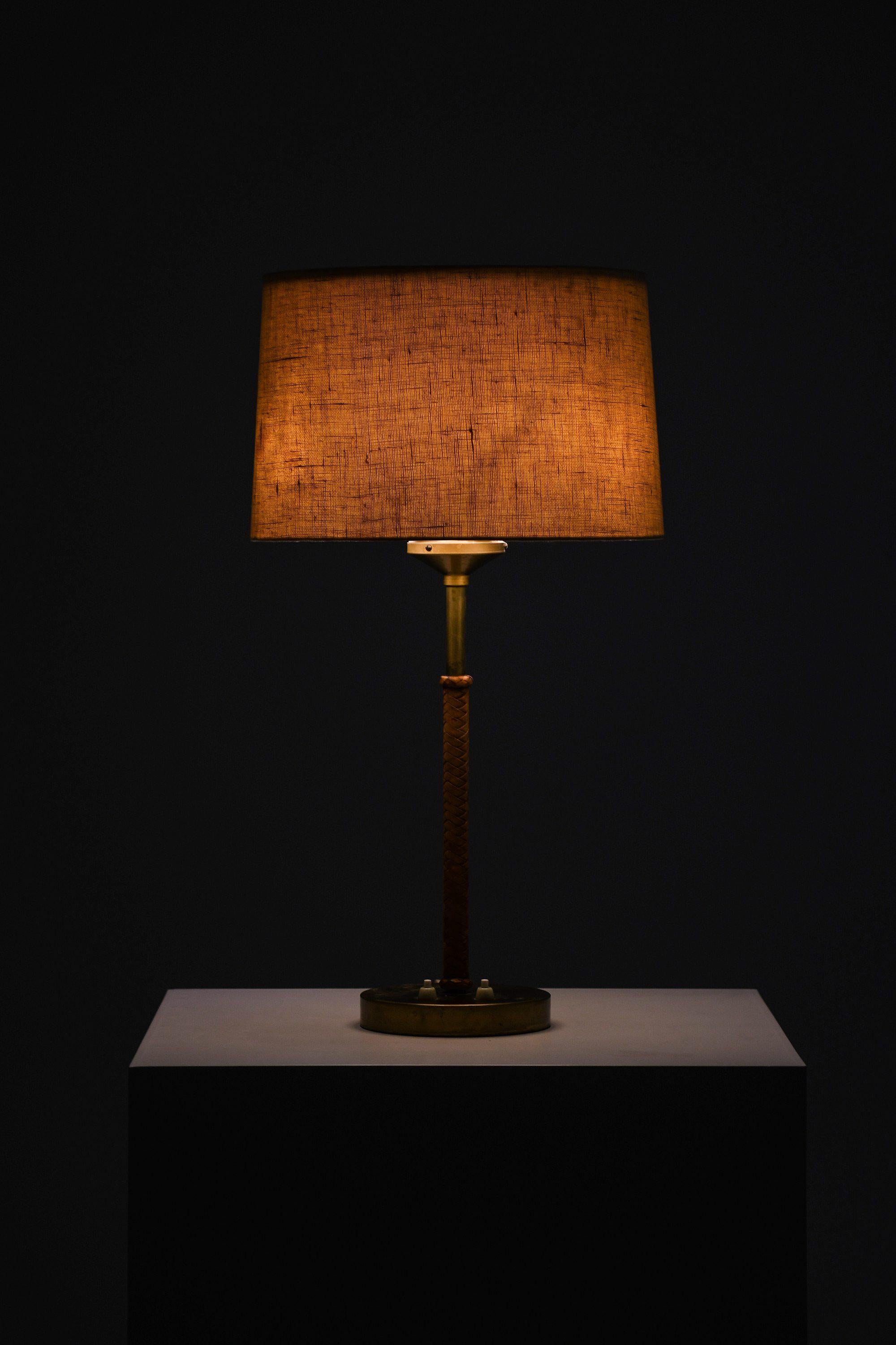 20th Century Table Lamp in Leather, Brass and Original Lamp Shade by Bertil Brisborg, 1950's