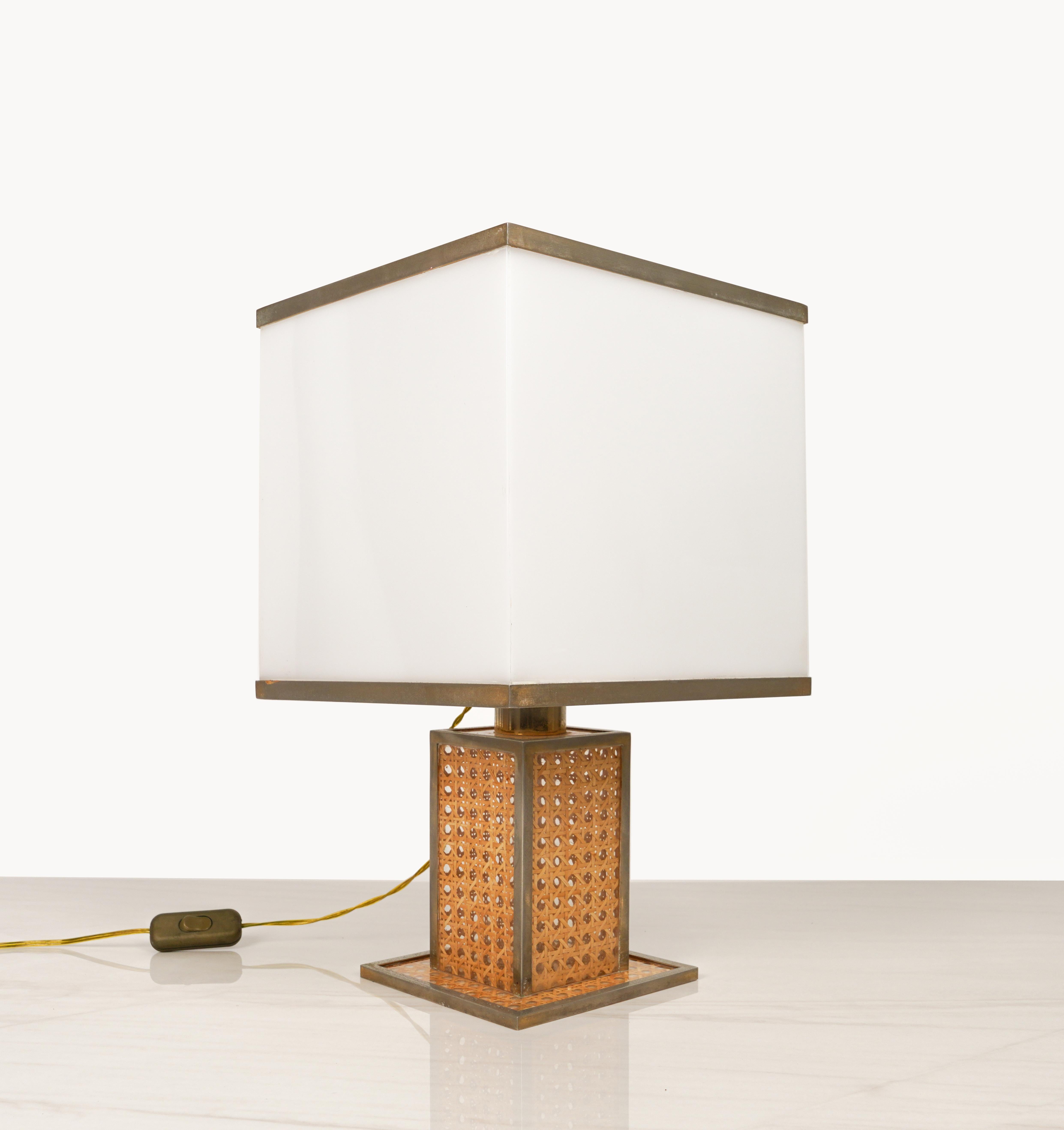 Metal Table Lamp in Lucite, Rattan and Brass Christian Dior Style, Italy 1970s For Sale