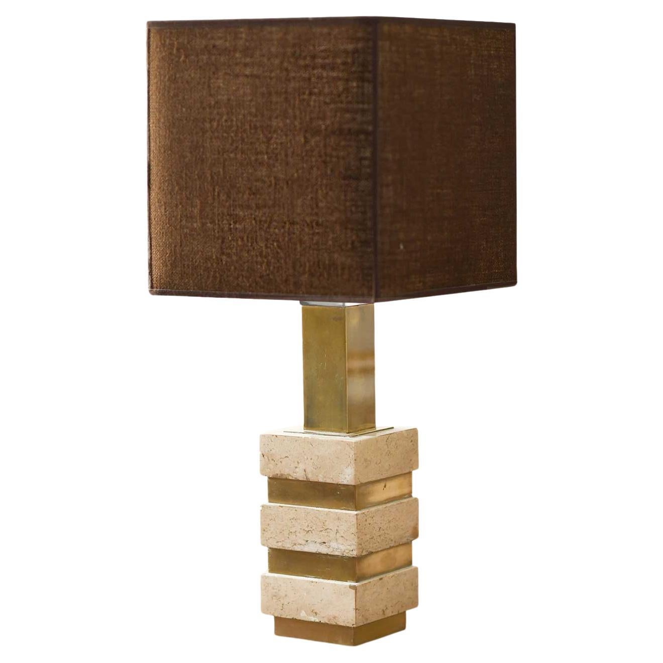 Table Lamp in Marble and Brass Complete with Fabric Lampshade, 1980 For Sale