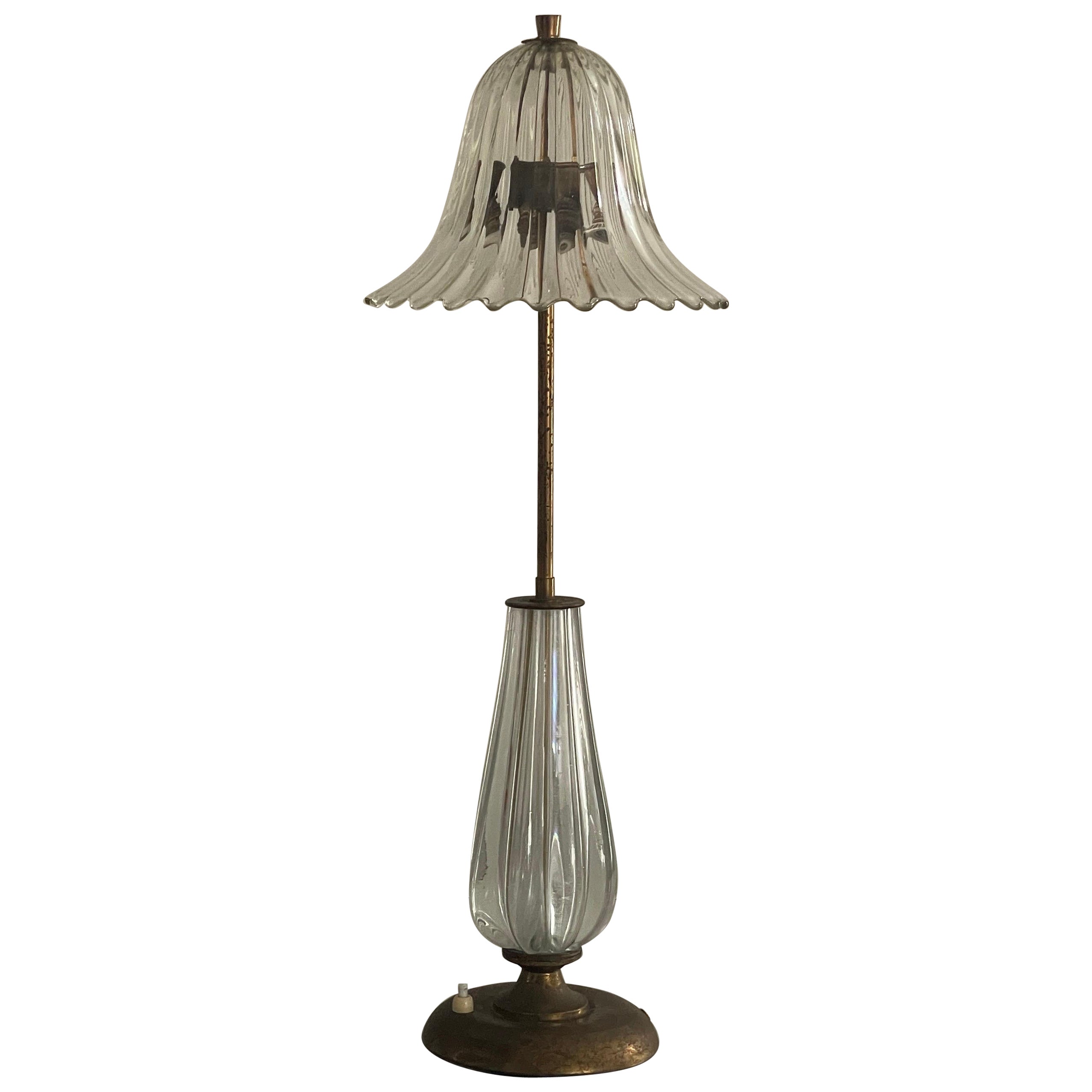 Lámpara de sobremesa de cristal artístico de Murano y latón de Barovier & Toso, años 40, Italia en venta