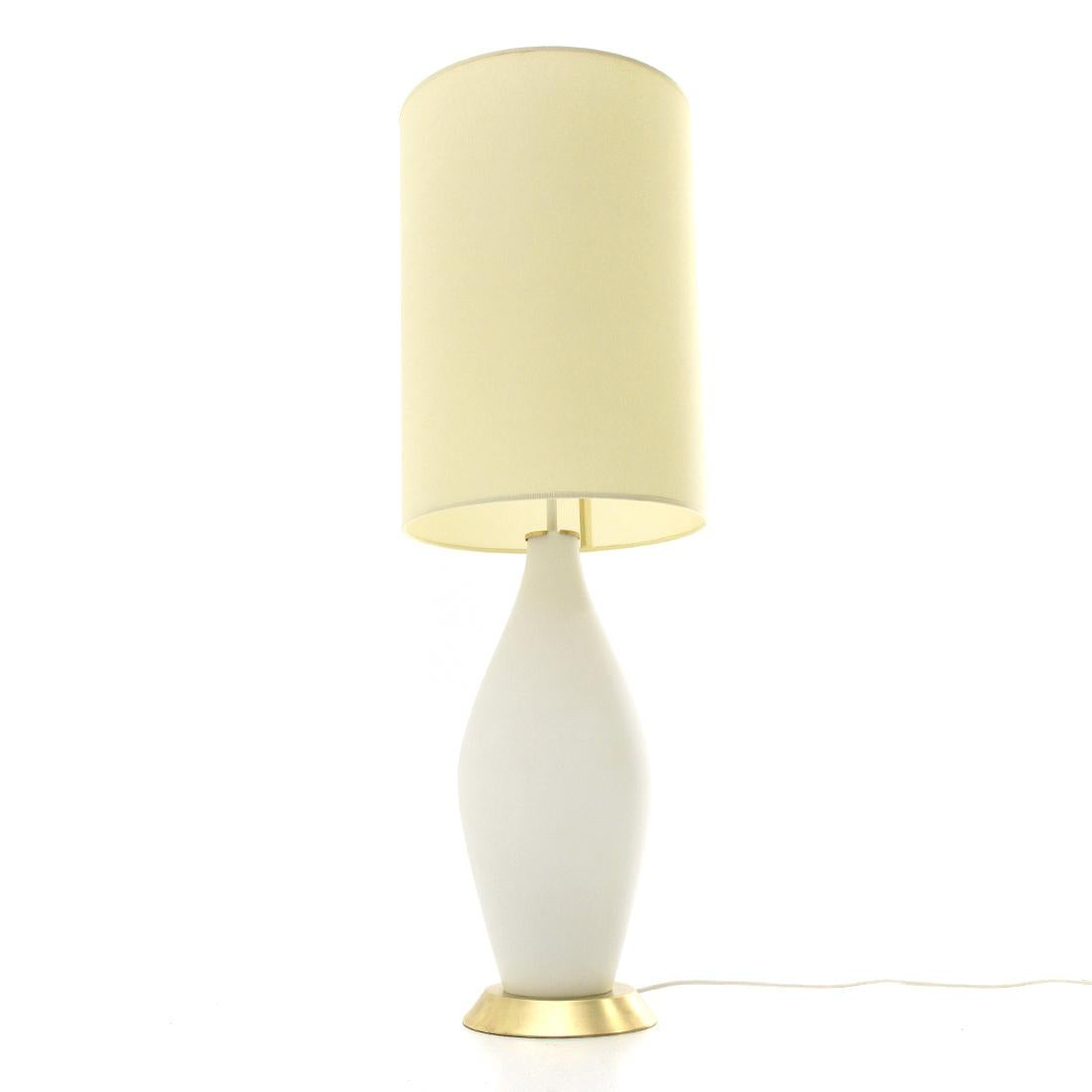 Mid-Century Modern Table Lamp in Opal Glass and Brass with Parchment Shade, 1950s For Sale