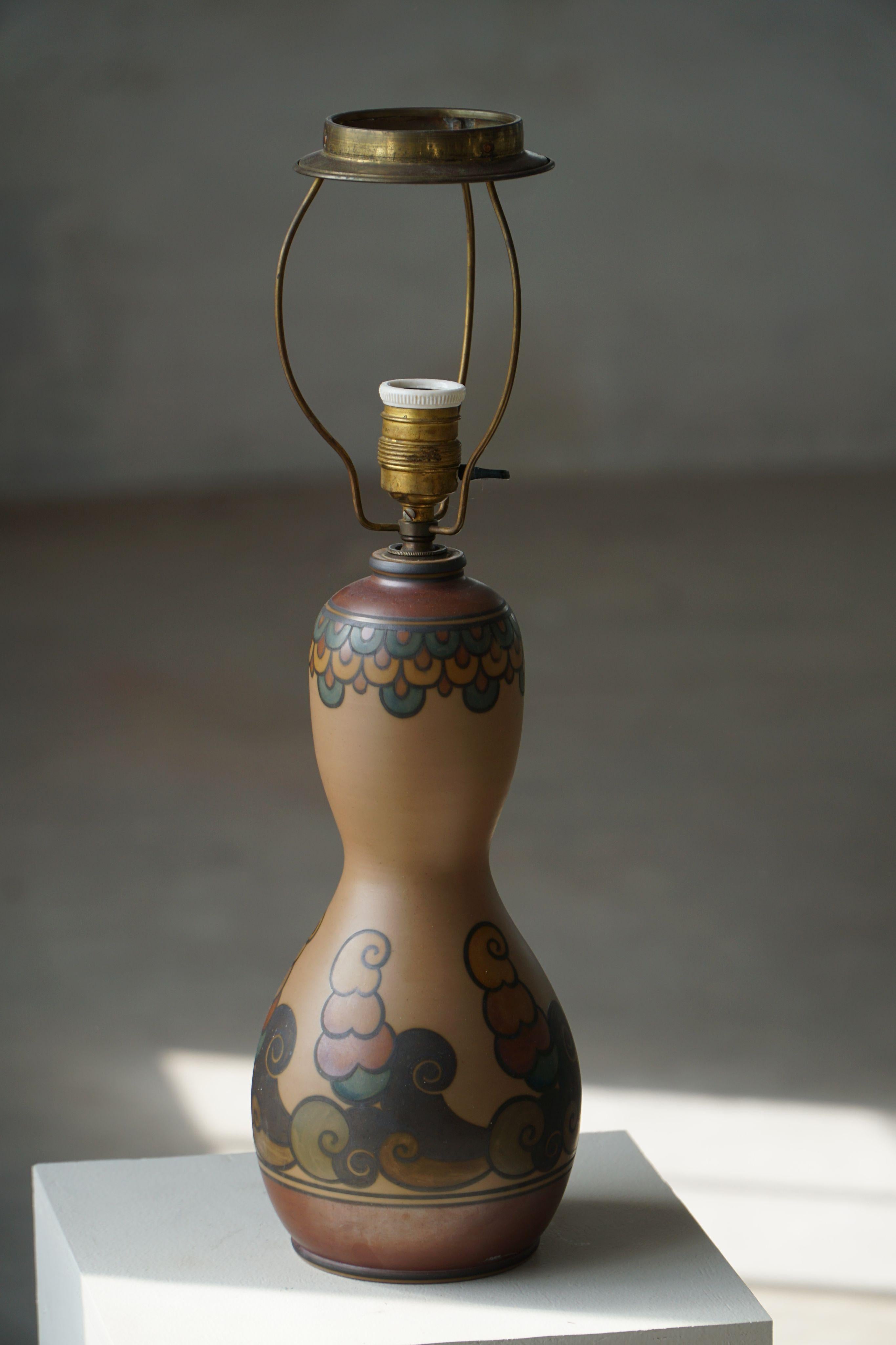 Danish Table Lamp in Terracotta, Art Nouveau, L. Hjorth, Bornholm, Denmark, 1930s For Sale
