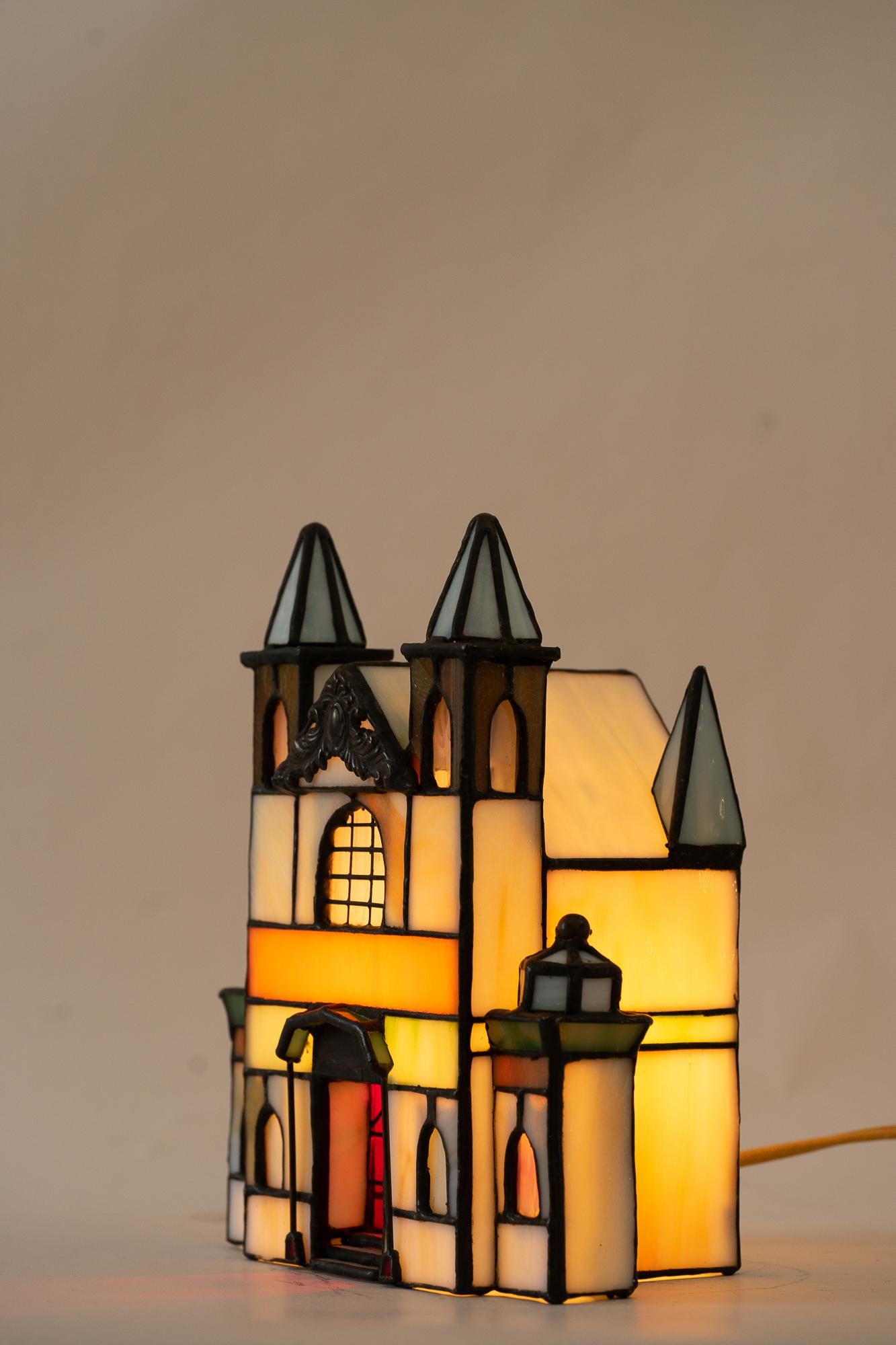 Table Lamp in the Style of Tiffany, Showing a Chirch, Germany Around 1980s 6