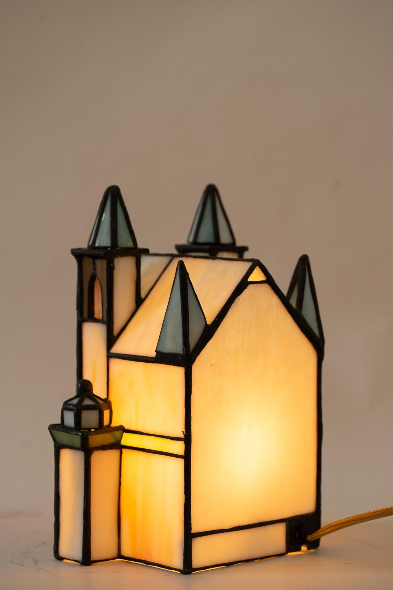 Table Lamp in the Style of Tiffany, Showing a Chirch, Germany Around 1980s 8