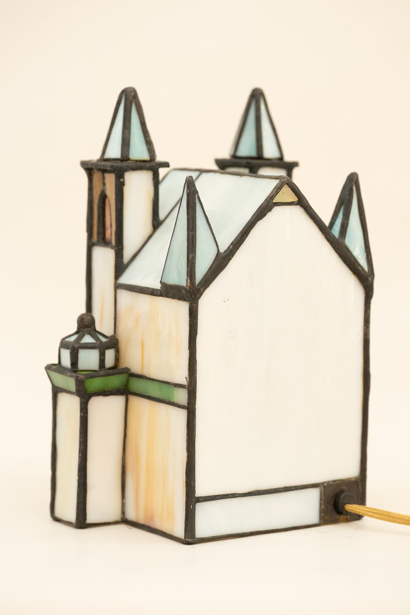 Glass Table Lamp in the Style of Tiffany, Showing a Chirch, Germany Around 1980s