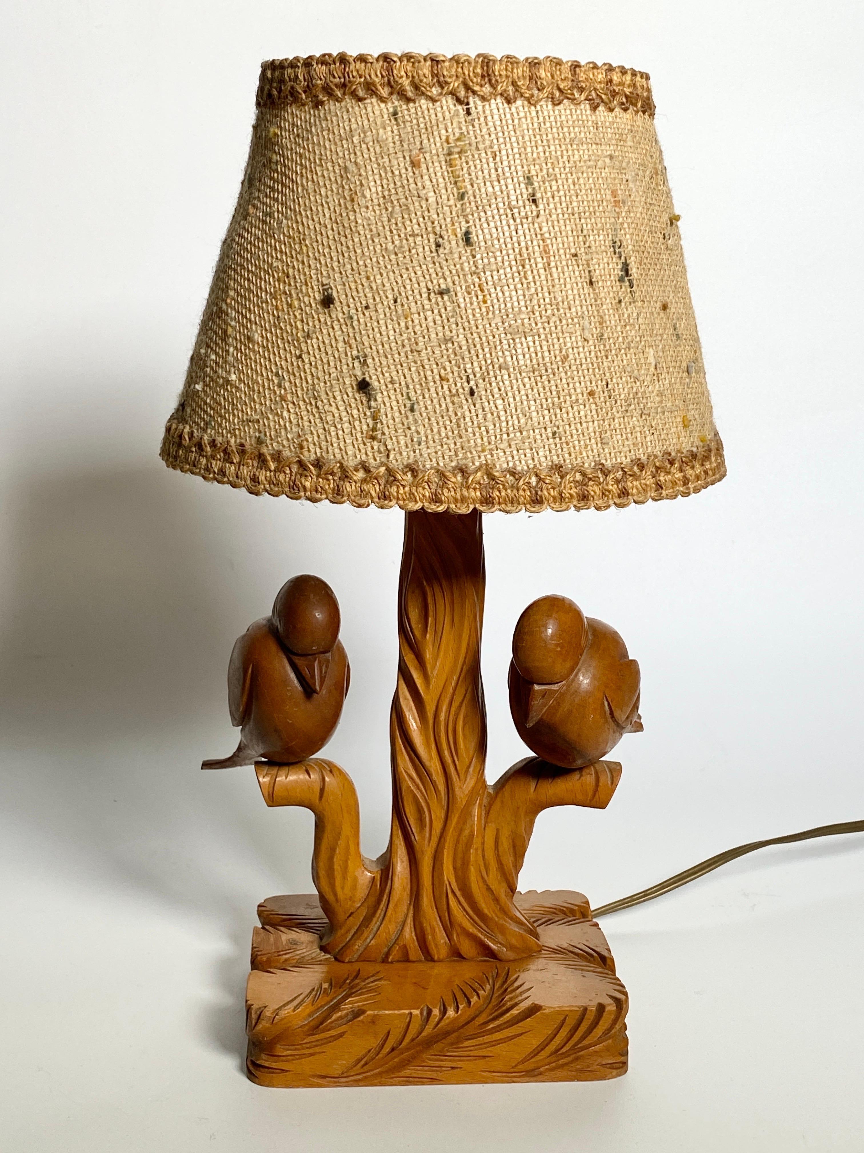 Table Lamp in Wood, Birds in a Branch, Brown Color, France, 1940 For Sale 4