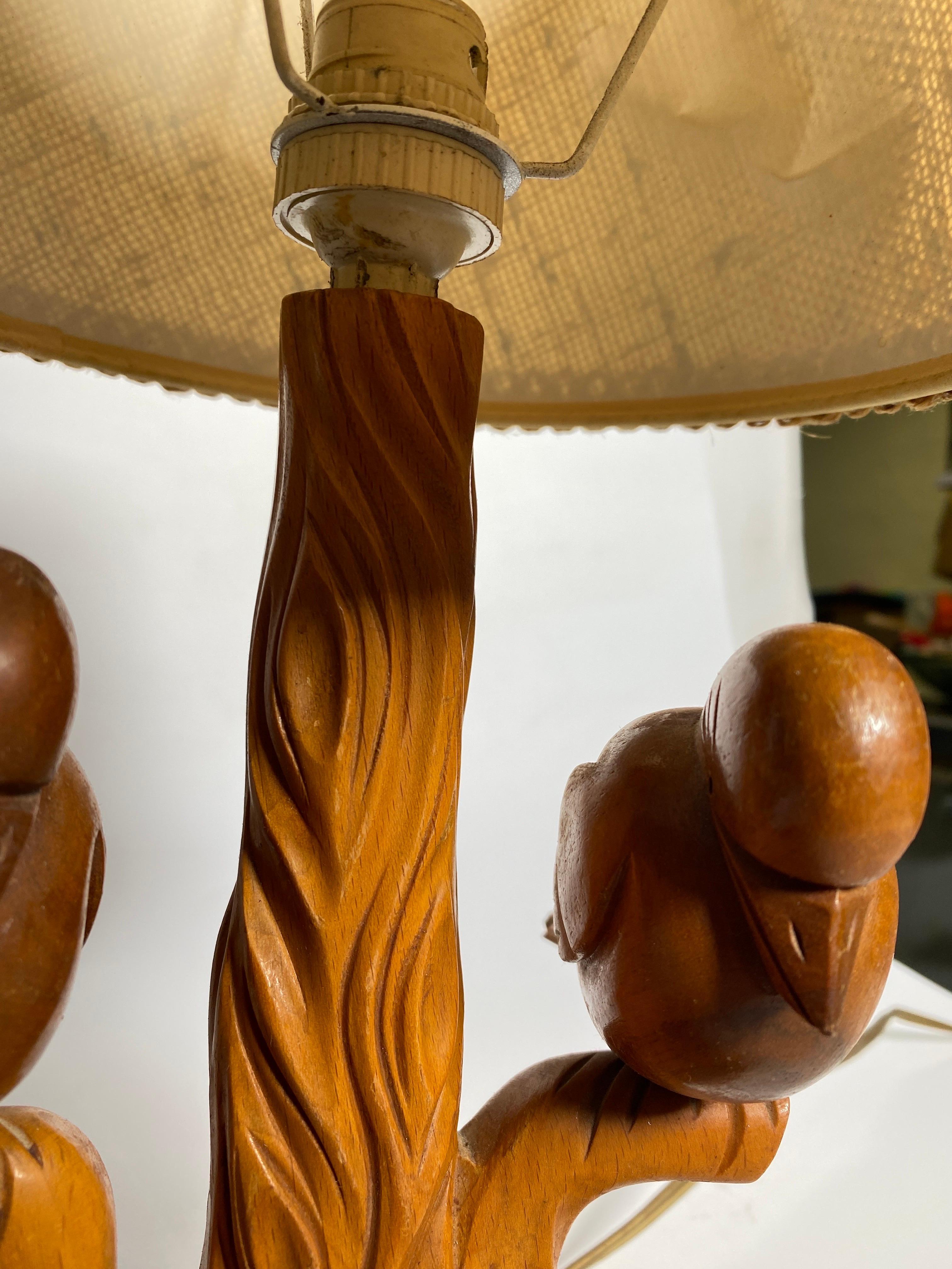 Mid-20th Century Table Lamp in Wood, Birds in a Branch, Brown Color, France, 1940 For Sale