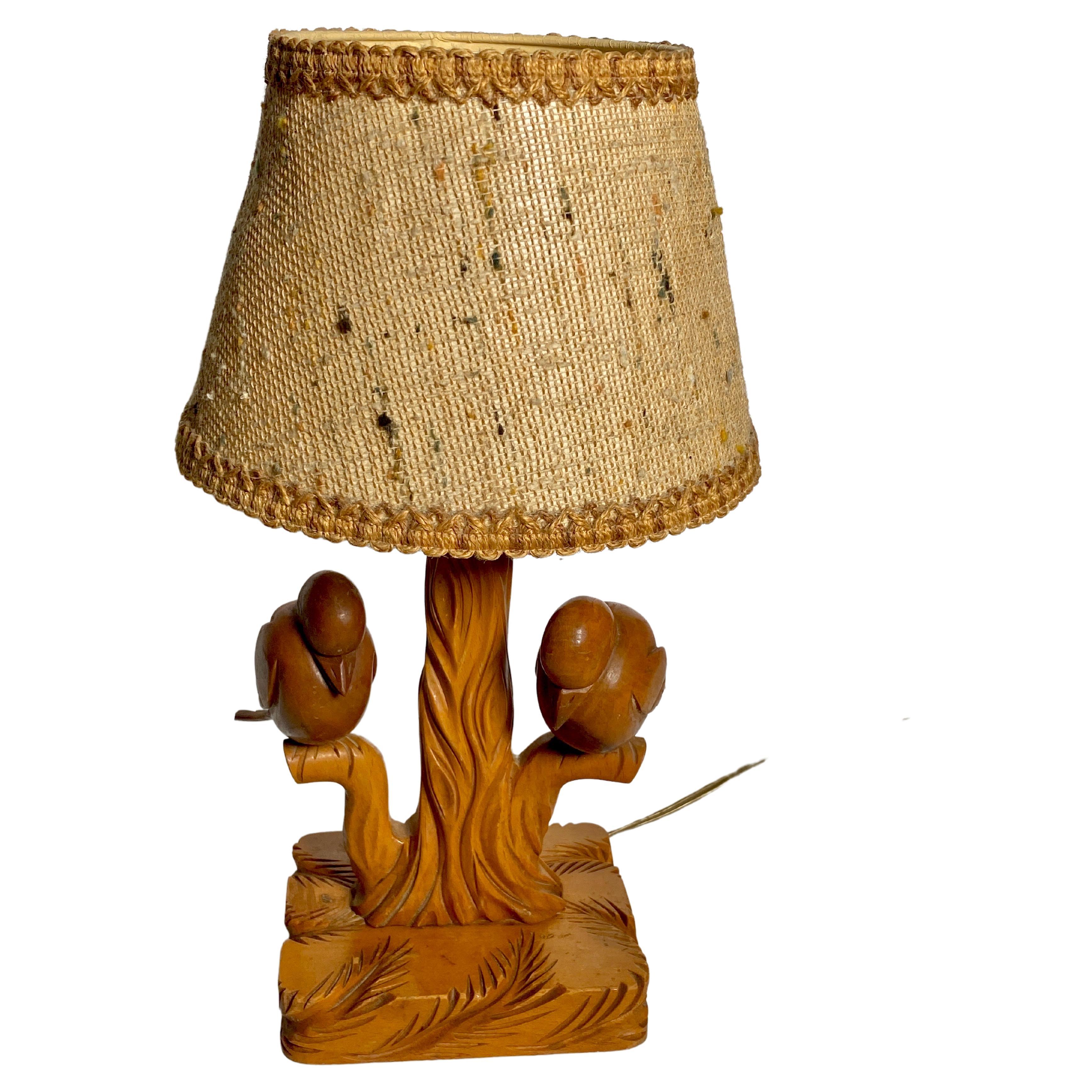 Table Lamp in Wood, Birds in a Branch, Brown Color, France, 1940