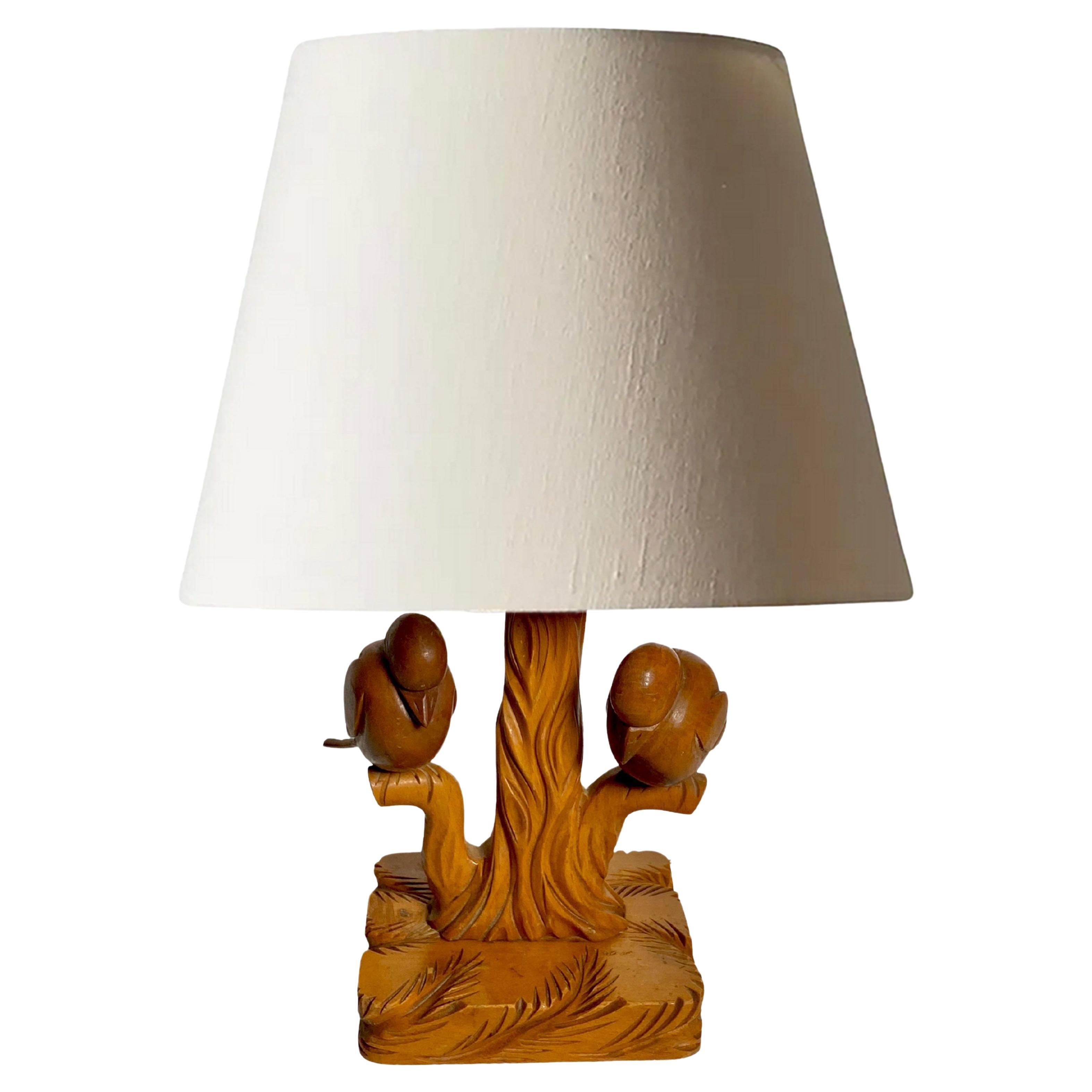 Table Lamp in Wood, Birds in a Branch, Brown Color, France, 1940 For Sale