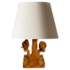 Vintage Table Lamp in Wood, Birds in a Branch, Brown Color, France, 1940