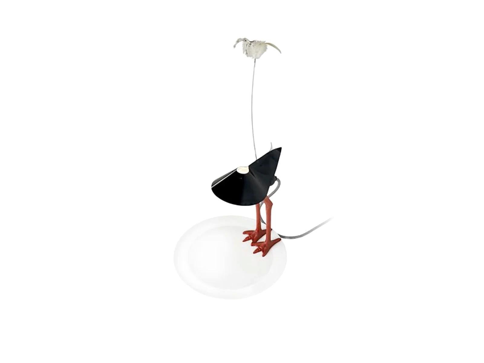 Model: Bibibibi
Designer: Ingo Maurer, 1982

Bibibibi was initially created by Ingo Maurer as a wedding gift for a couple of friends. The lamp combines bright red plastic bird legs with a black metal lampshade above the bulb and a white porcelain