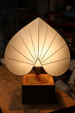 Table Lamp Italian Design Rattan Bamboo Heart Shaped Leaf 1970