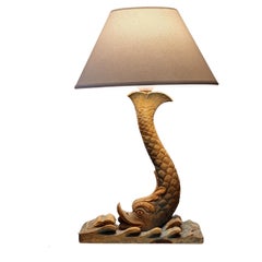 Table lamp, Koi fish, hand carved and painted wood, mid-1900s.