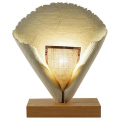 Table Lamp, Lamp in White Grey and Beige Made by Hand on a Solid Oak Base
