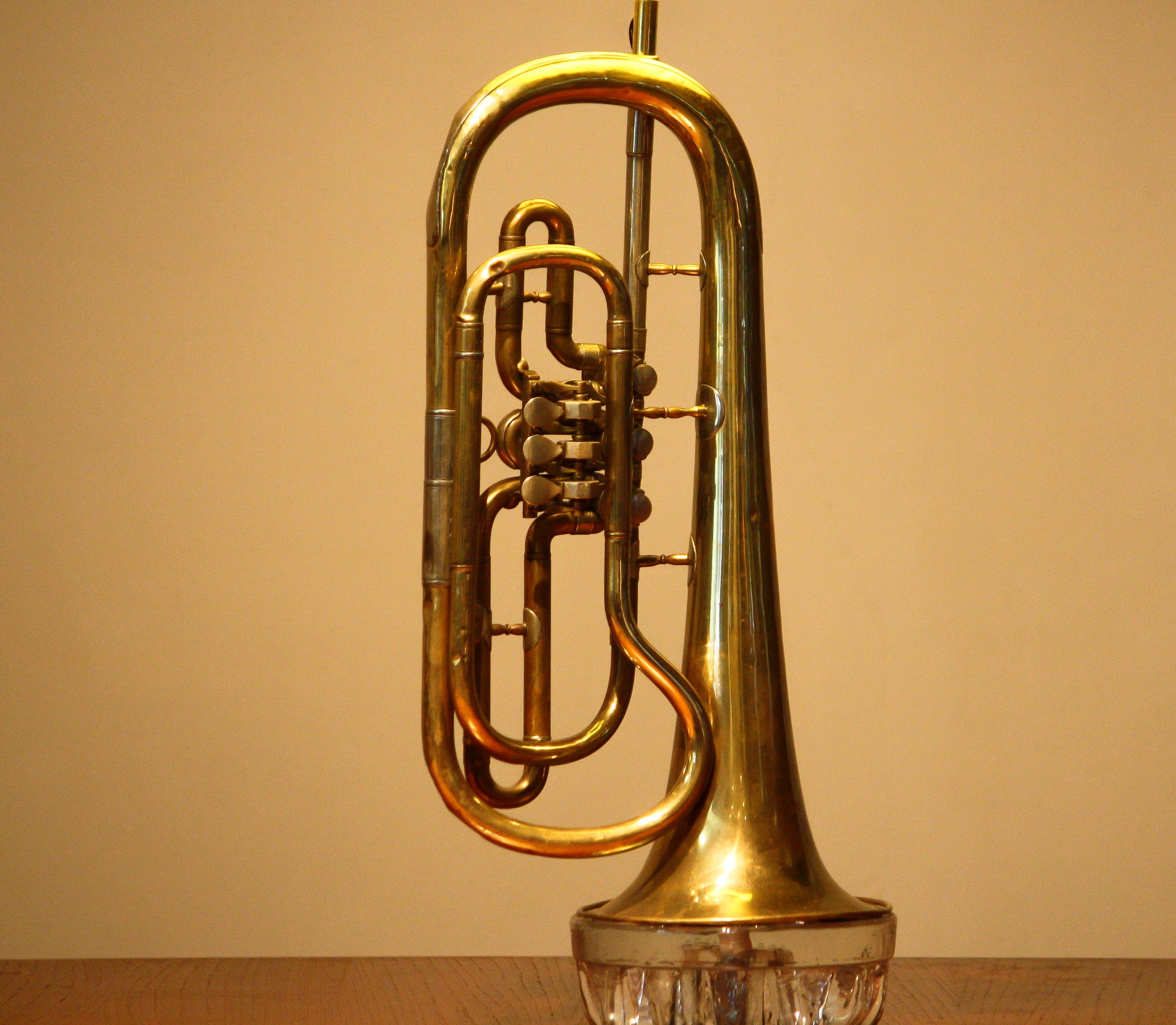 Early 20th Century Table Lamp Made of an American Cornet Flaps Trumpet from 1920s, Art Deco