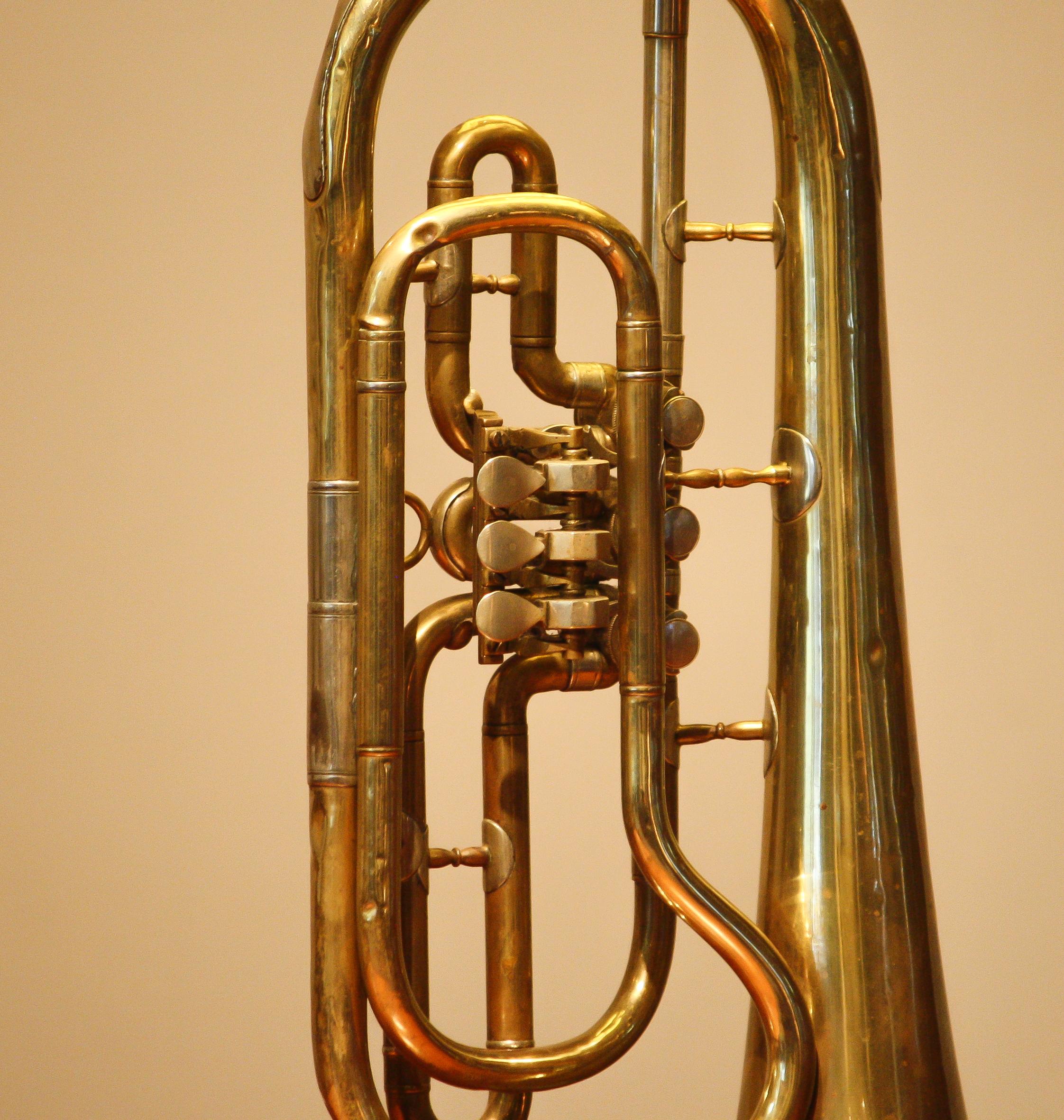 Central American Table Lamp Made of an American Cornet Flaps Trumpet from 1920s in Art Deco Style