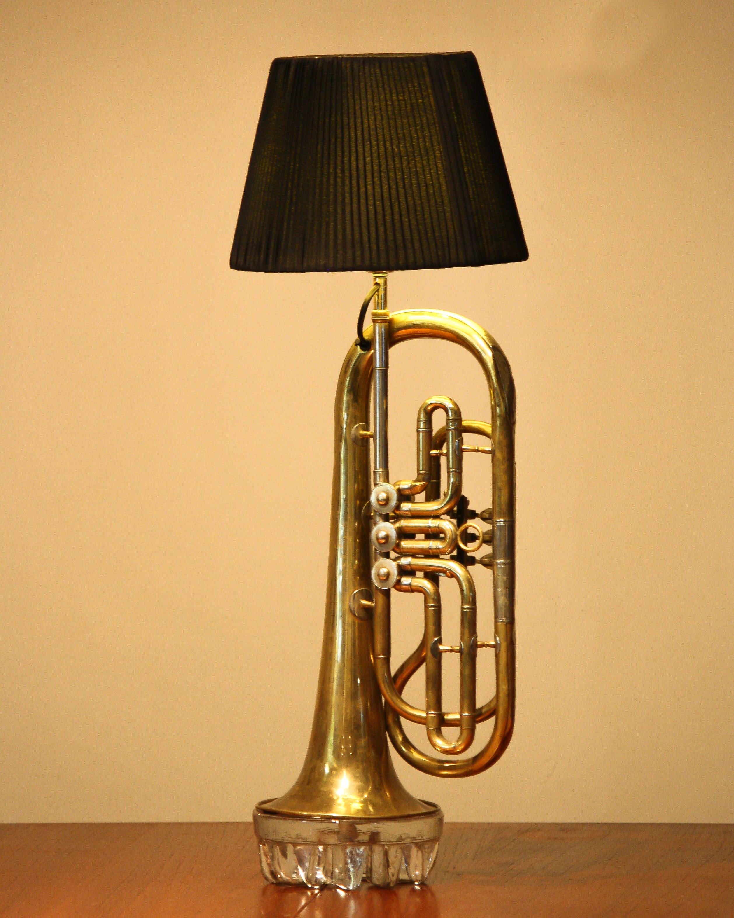 Glass Table Lamp Made of an American Cornet Flaps Trumpet from 1920s in Art Deco Style