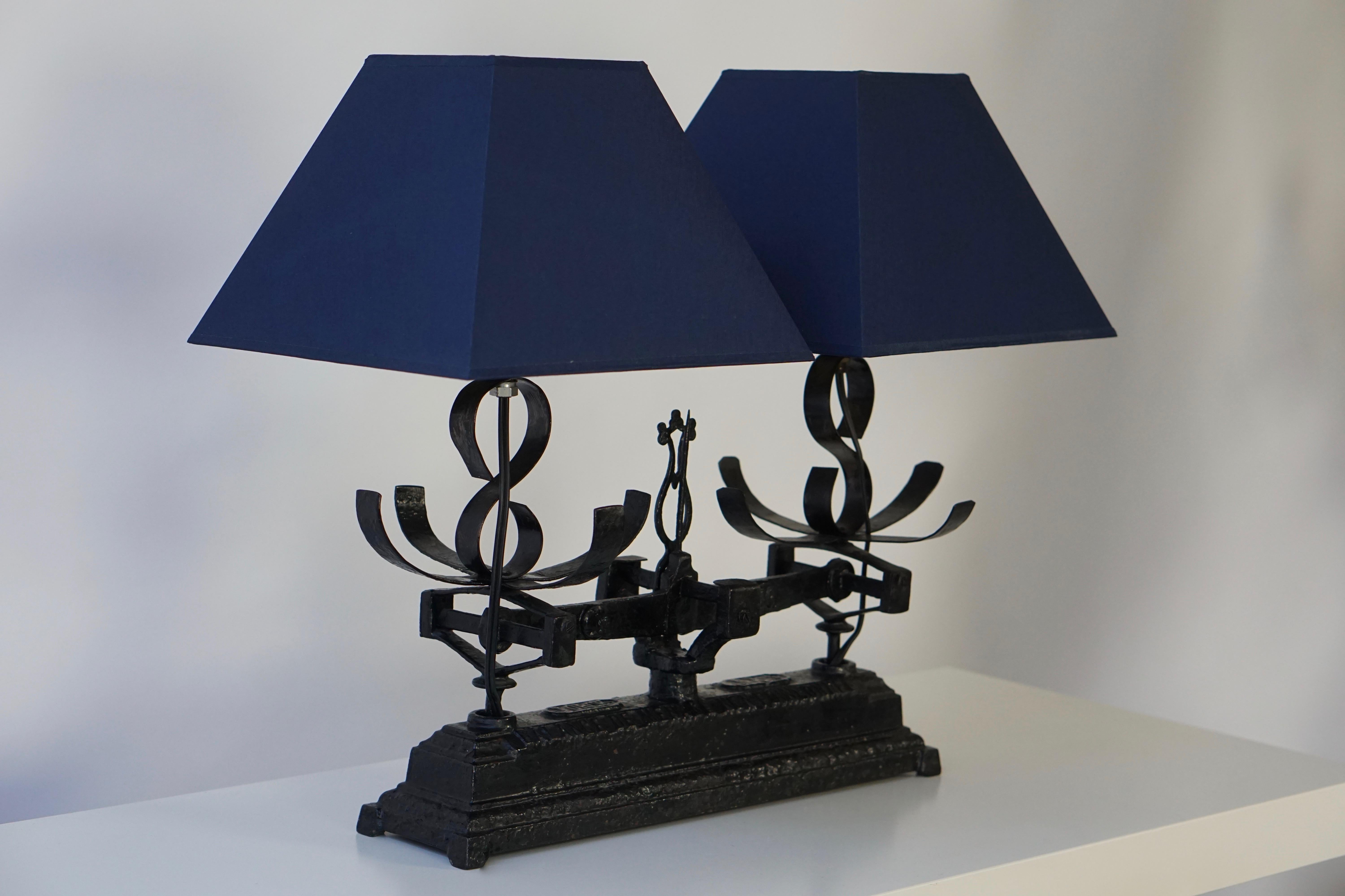 Mid-Century Modern Table Lamp Made of an old Wrought Iron Scale, Balance For Sale
