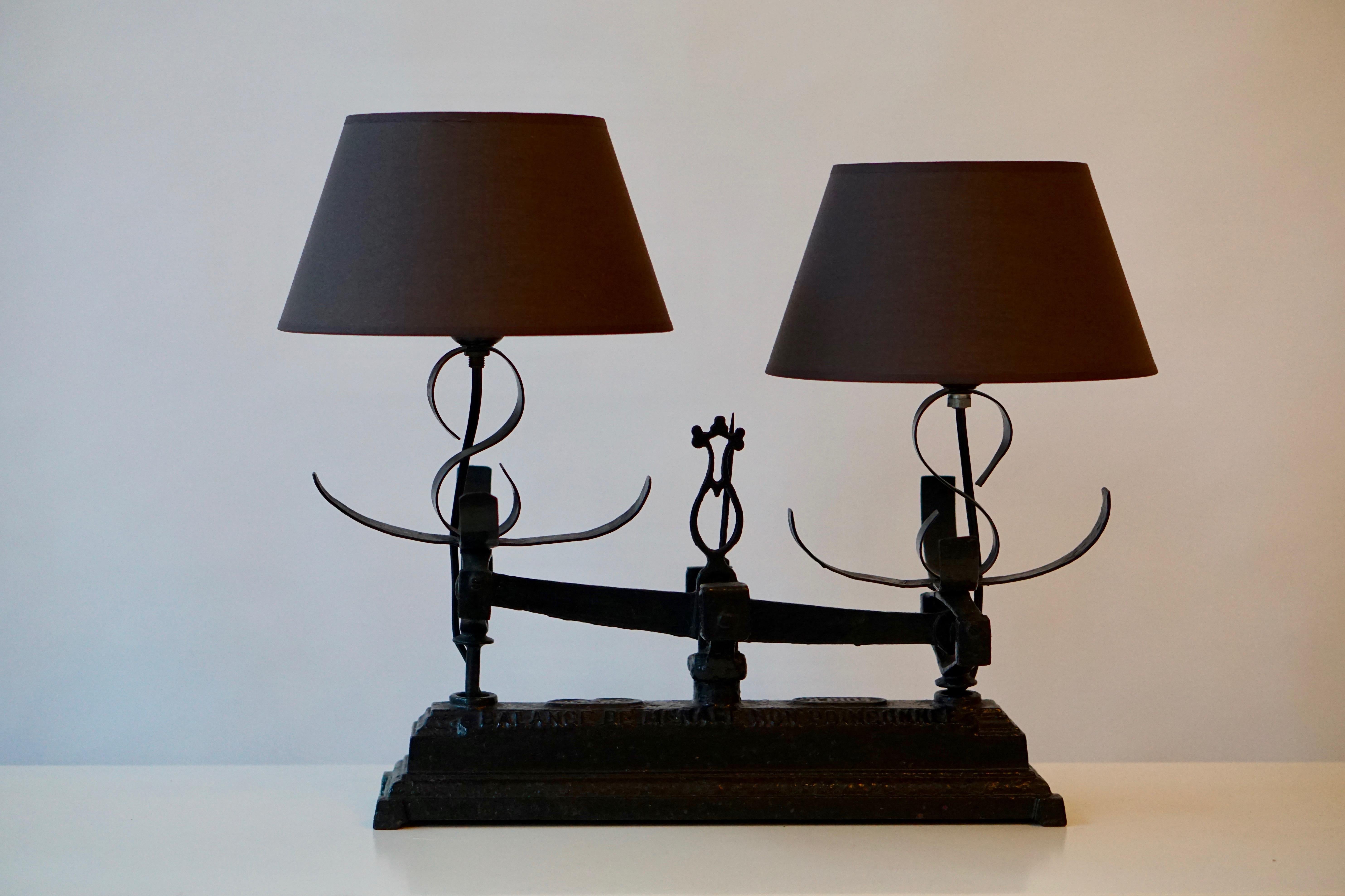20th Century Table Lamp Made of an old Wrought Iron Scale, Balance For Sale